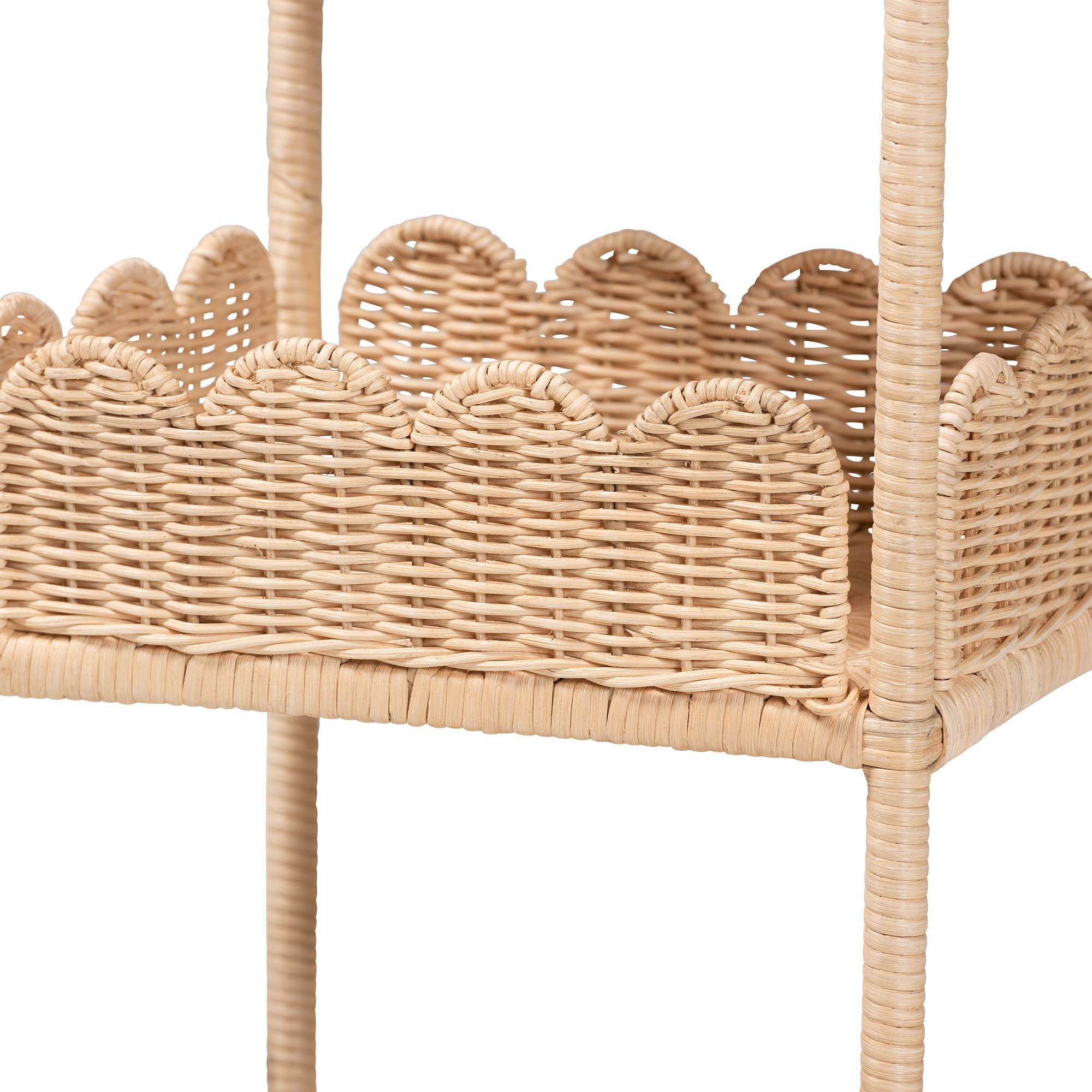 Back. bali & pari - Brooks Natural Rattan 3-Tier Storage Shelf – Handwoven Wicker Display Stand with Scalloped Borders - Natural Brown.