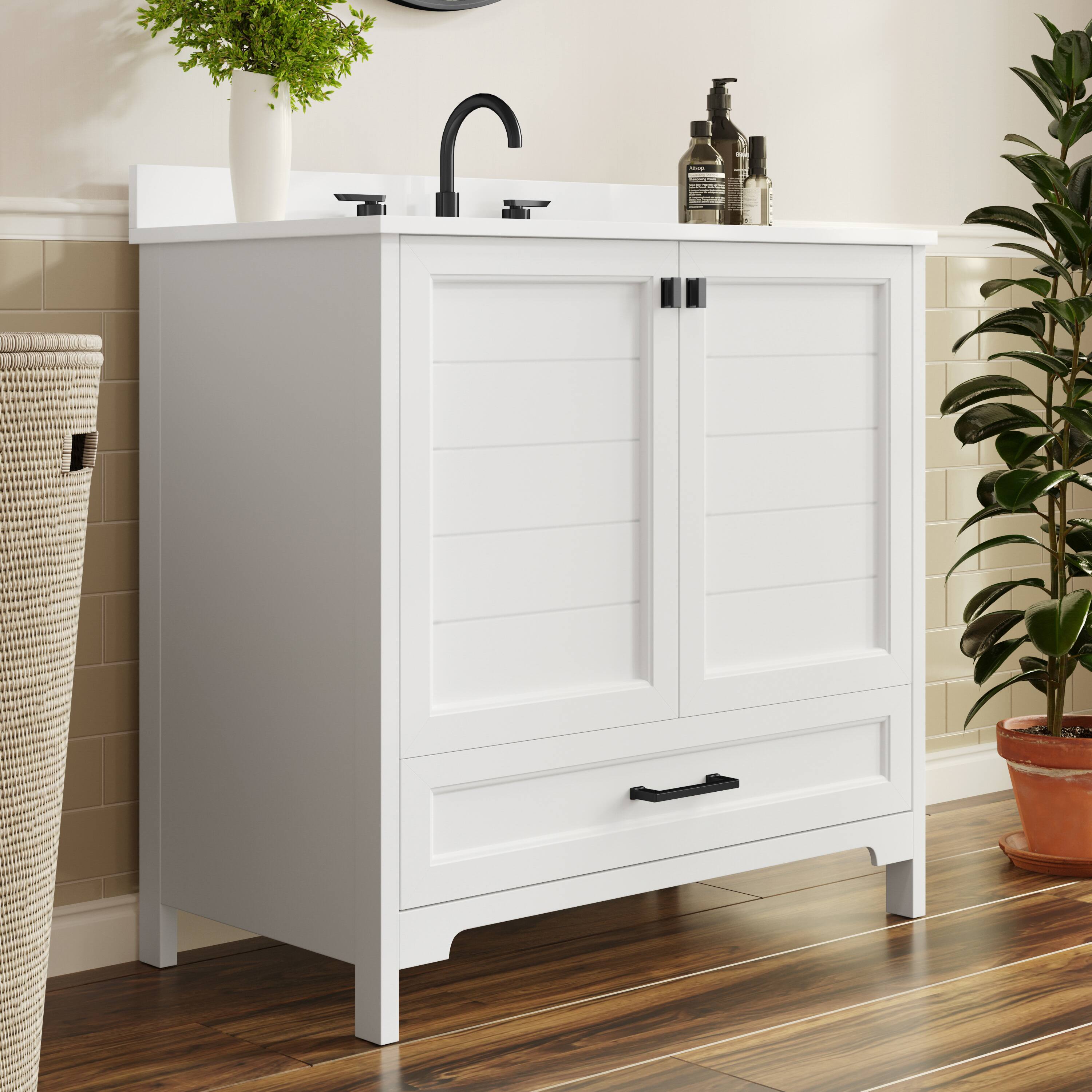 Alt View 2. Flash Furniture - Haven 36" Bathroom Vanity with Sink, Storage Cabinet with Black Hardware, Soft Close Doors and Bottom Drawer, Carrara Ma - White.