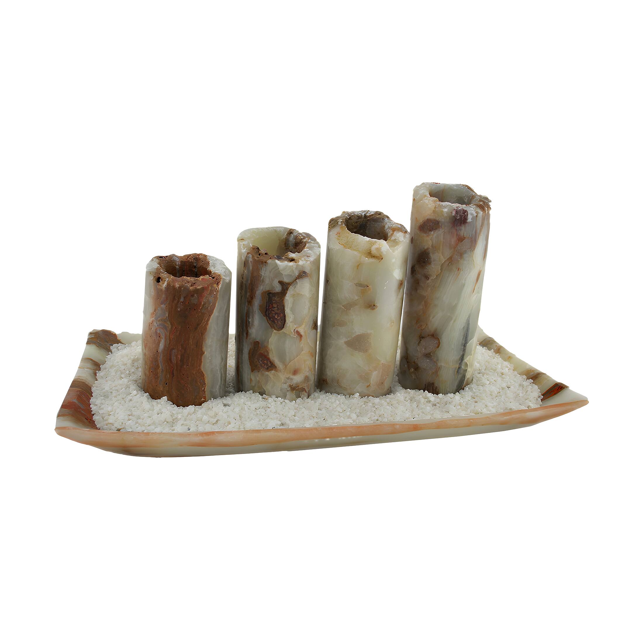 Front. Zeckos - Red and White Marble Artisan Hand Crafted 5 Piece Marble Candle and Tray Set - Multicolored.