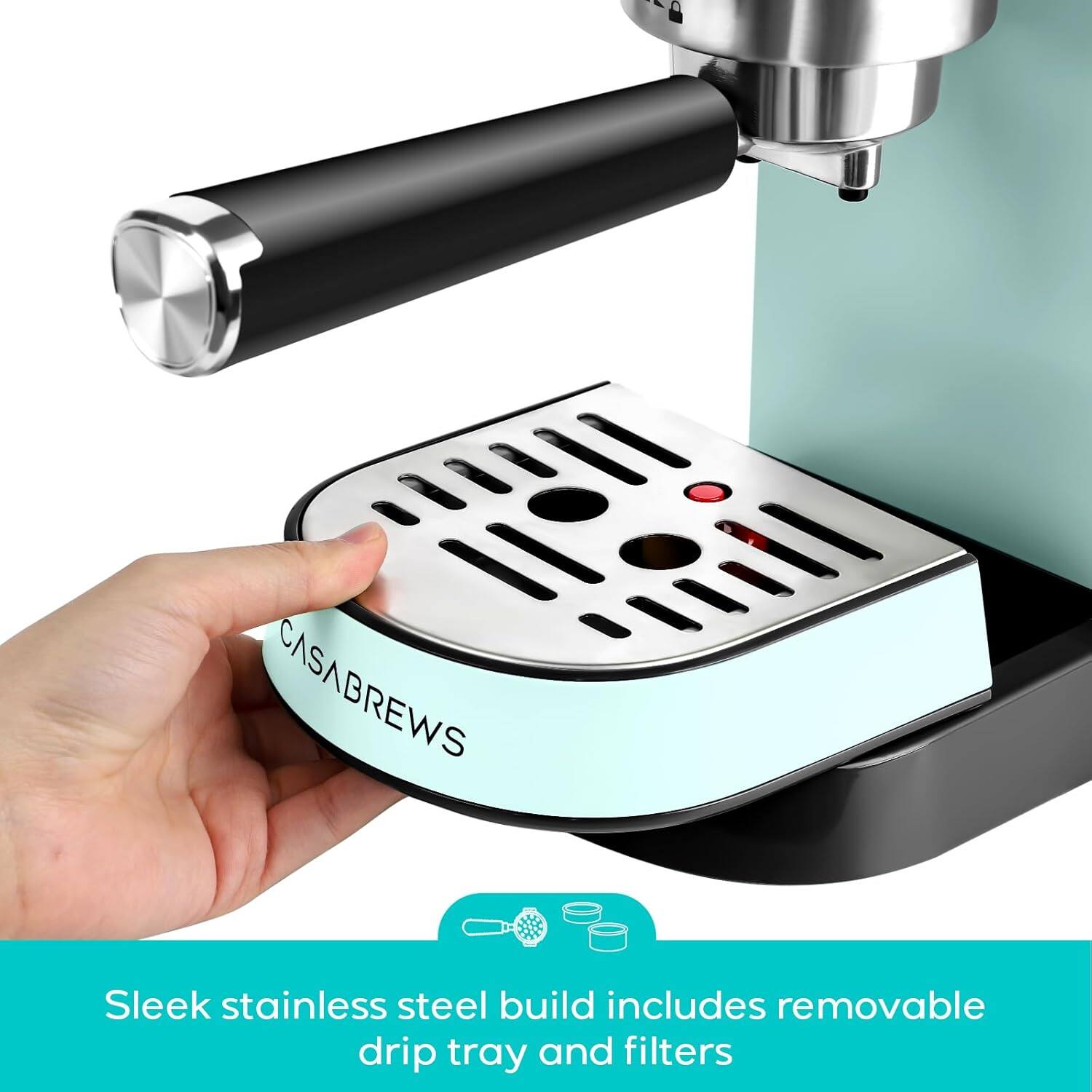 CASABREWS Sleek stainless steel build includes removable drip tray and filters