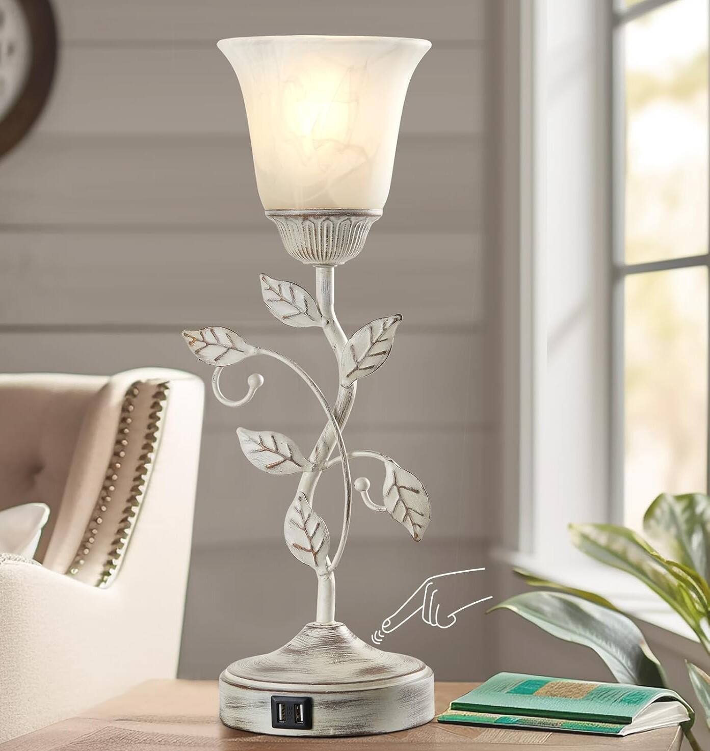 Alt View 2. FINEAK - Vintage Table Lamp with Touch Control & Dual USB Charging - 1 Pack - Retro White.