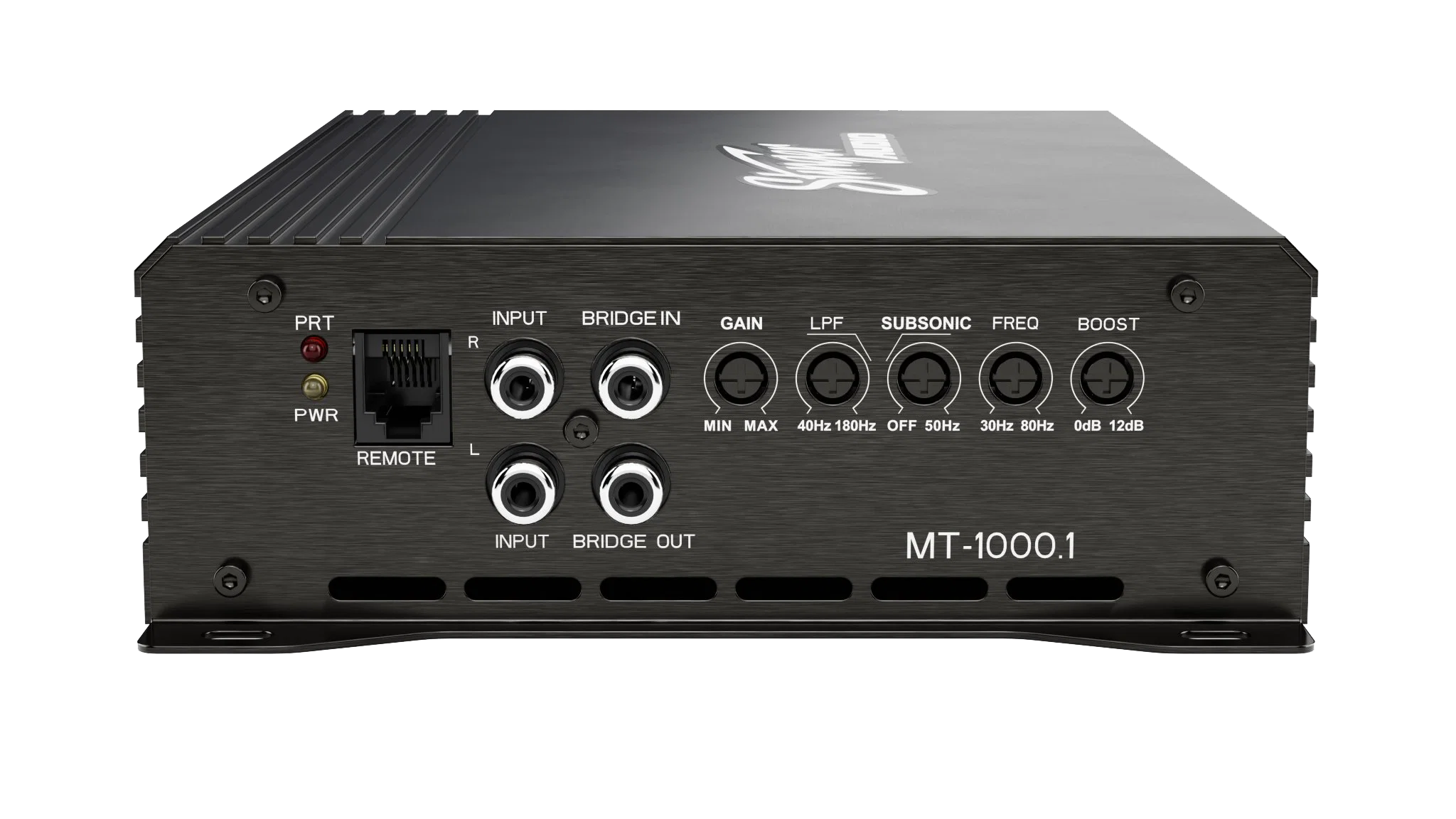 K PRT INPUT BRIDGE IN R GAIN LPF SUBSONIC FREQ BOOST PWR REMOTE L MIN MAX 40Hz 180Hz OFF 50Hz 30Hz 80Hz 0dB 12dB INPUT BRIDGE OUT MT-1000.1