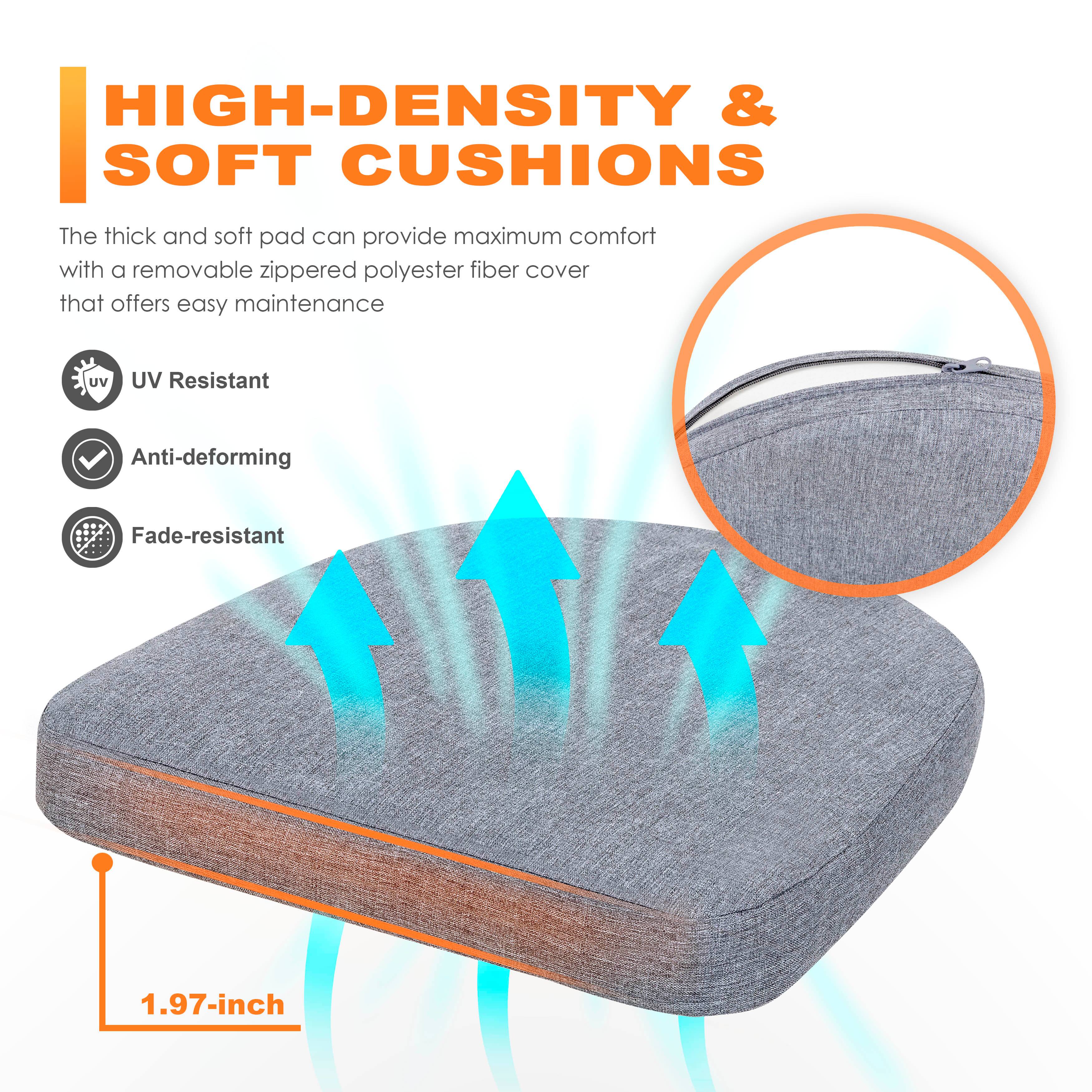 HIGH-DENSITY & SOFT CUSHIONS

The thick and soft pad can provide maximum comfort with a removable zippered polyester fiber cover that offers easy maintenance

- UV Resistant
- Anti-deforming
- Fade-resistant

1.97-inch