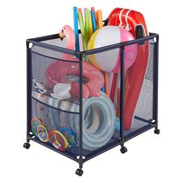 VEVOR - Pool Storage Bin, 36.8 x 24 x 35.6 in, Rolling Pool Float Storage Organizer with Side Pockets & Casters - Black Frame, Black Connectors & Blue Mesh Fabric