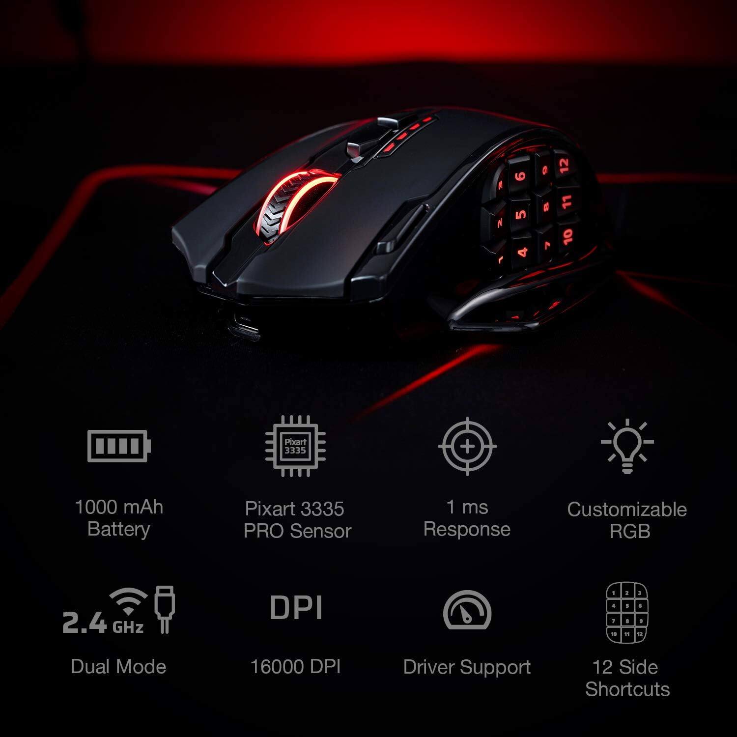 A  
9 5 4  
9 8 M  
12 11 10  
Pixart 3335  
1000 mAh Battery  
Pixart 3335 PRO Sensor  
1 ms Customizable Response RGB  
2.4 GHz  
DPI  
- 4 1 10  
2 I I 11  
3 I I 12  
Dual Mode  
16000 DPI  
Driver Support  
12 Side Shortcuts
