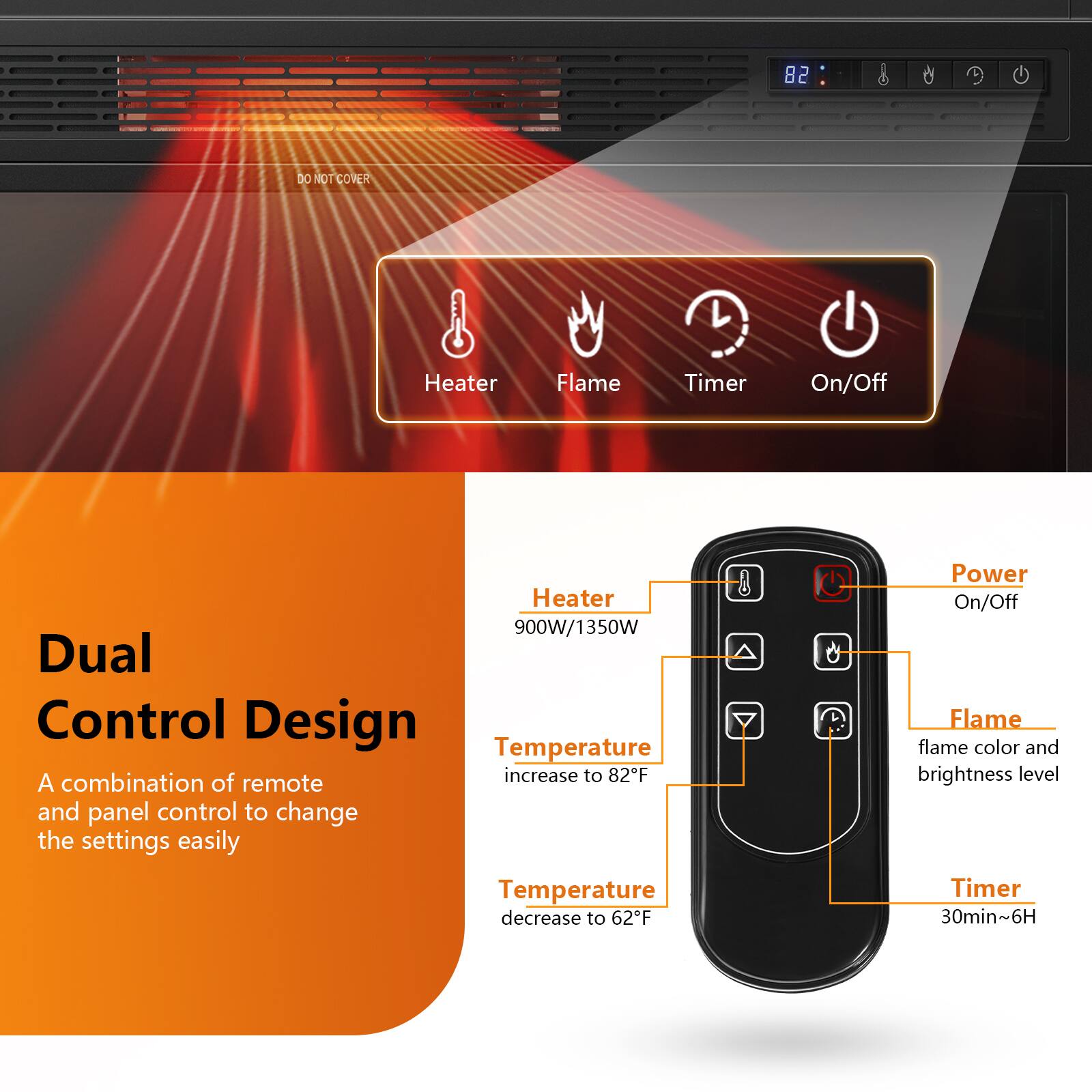 Heater 900W/1350W, Dual Control Design, Temperature increase to 82°F, Temperature decrease to 62°F, Power On/Off, Flame flame color and brightness level, Timer 30min~6H, A combination of remote and panel control to change the settings easily