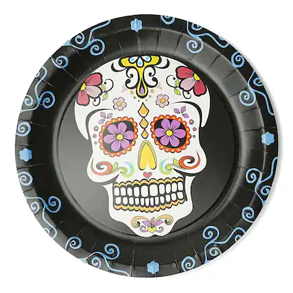Front. Forum Novelties - Day Of The Dead 9" Round Disposable Plate 8 Pack - Black.