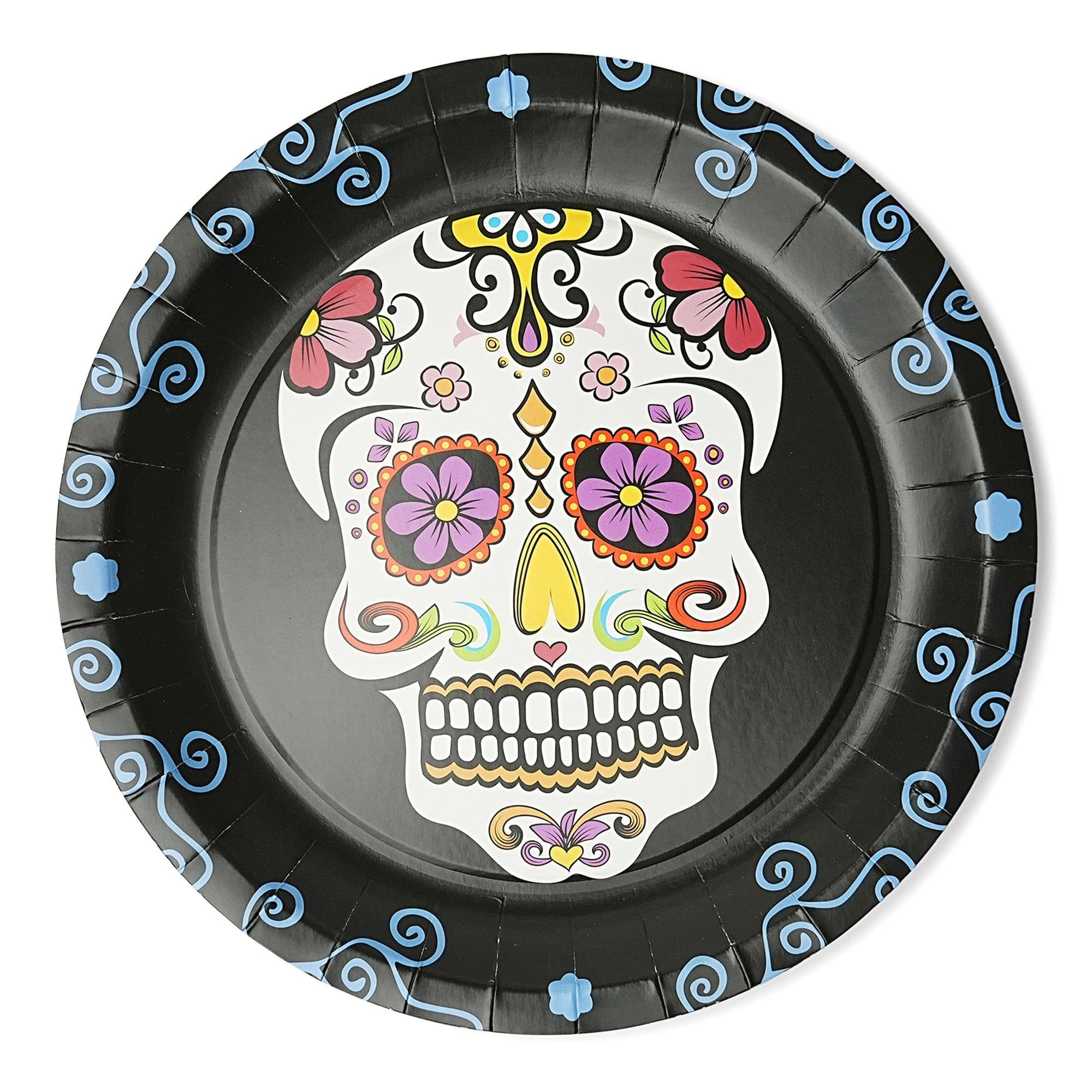 Front. Forum Novelties - Day Of The Dead 9" Round Disposable Plate 8 Pack - Black.