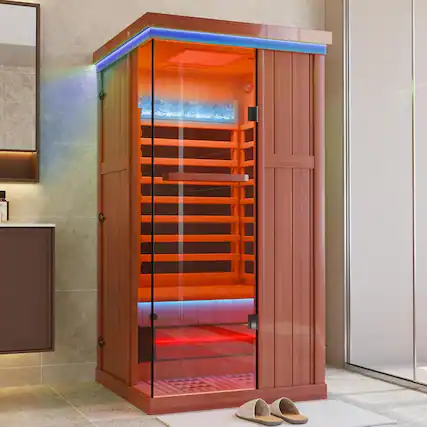 Front. Yardgrace - Full Spectrum Infrared Sauna,1 Person Home Sauna, Red Cedar Indoor Spa Sauna with Resonance Speaker and Tempered Glass - Red Cedar.