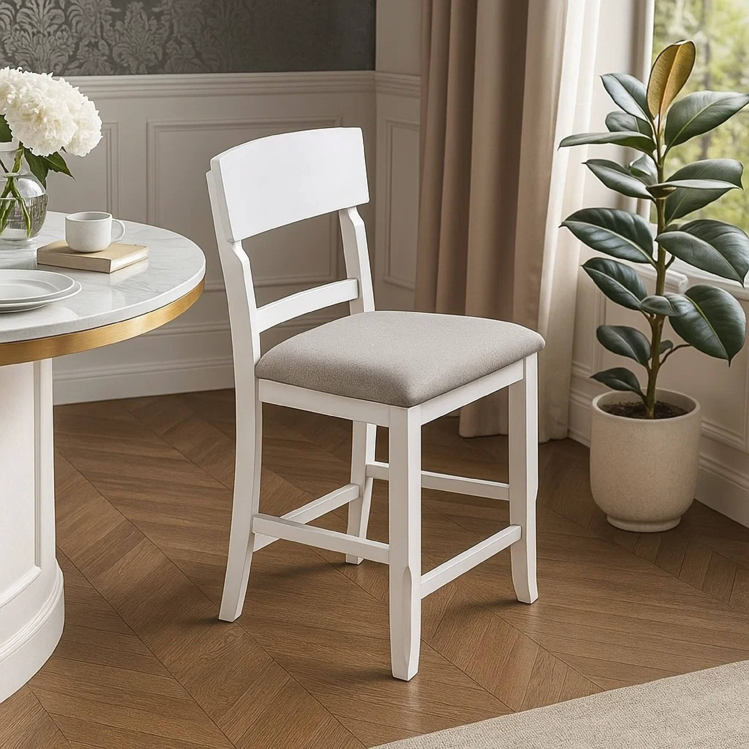 Alt View 5. Manhattan Lane - Keyan Counter Height Chair, Set of 2, Foam Gray Fabric Seat, Antique White Wood - Gray, White.