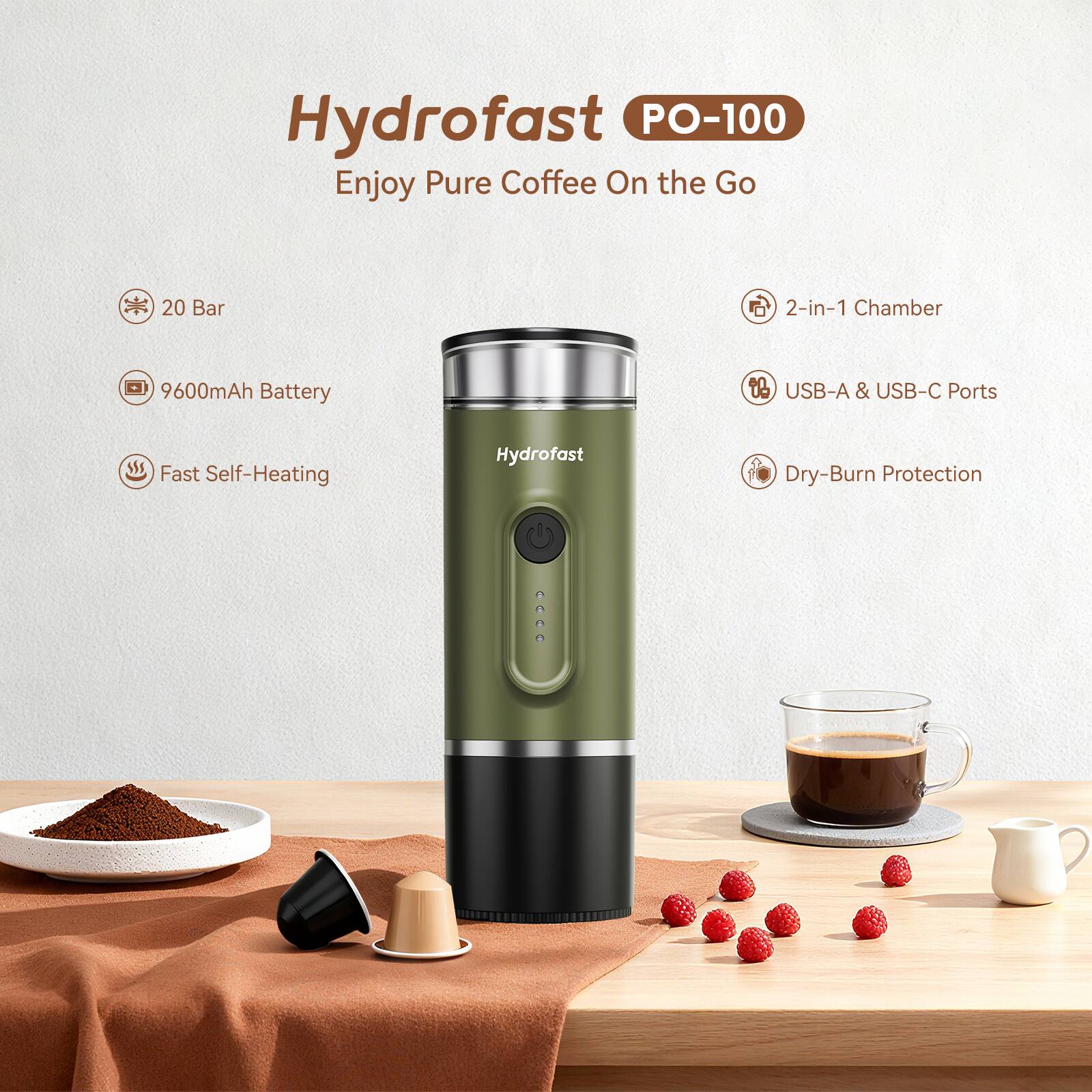 Back. Hydrofast - PO-100 Portable Espresso Maker, 20-Bar Pressure, 9600mAh, 2-in-1 Capsule & Ground Coffee, Wireless Heating, for Travel - Army Green.