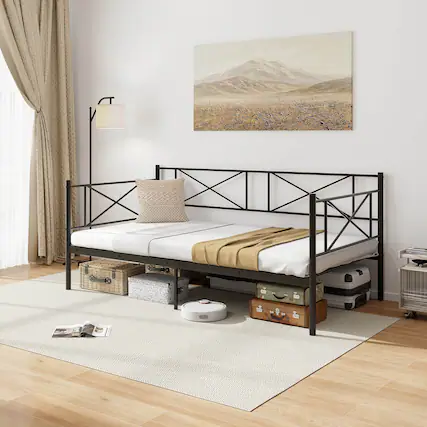 Front. Gymax - Gymax Twin Size Metal Daybed Modern Platform Bed w/ Heavy-duty Metal Slat Support Black - Black.