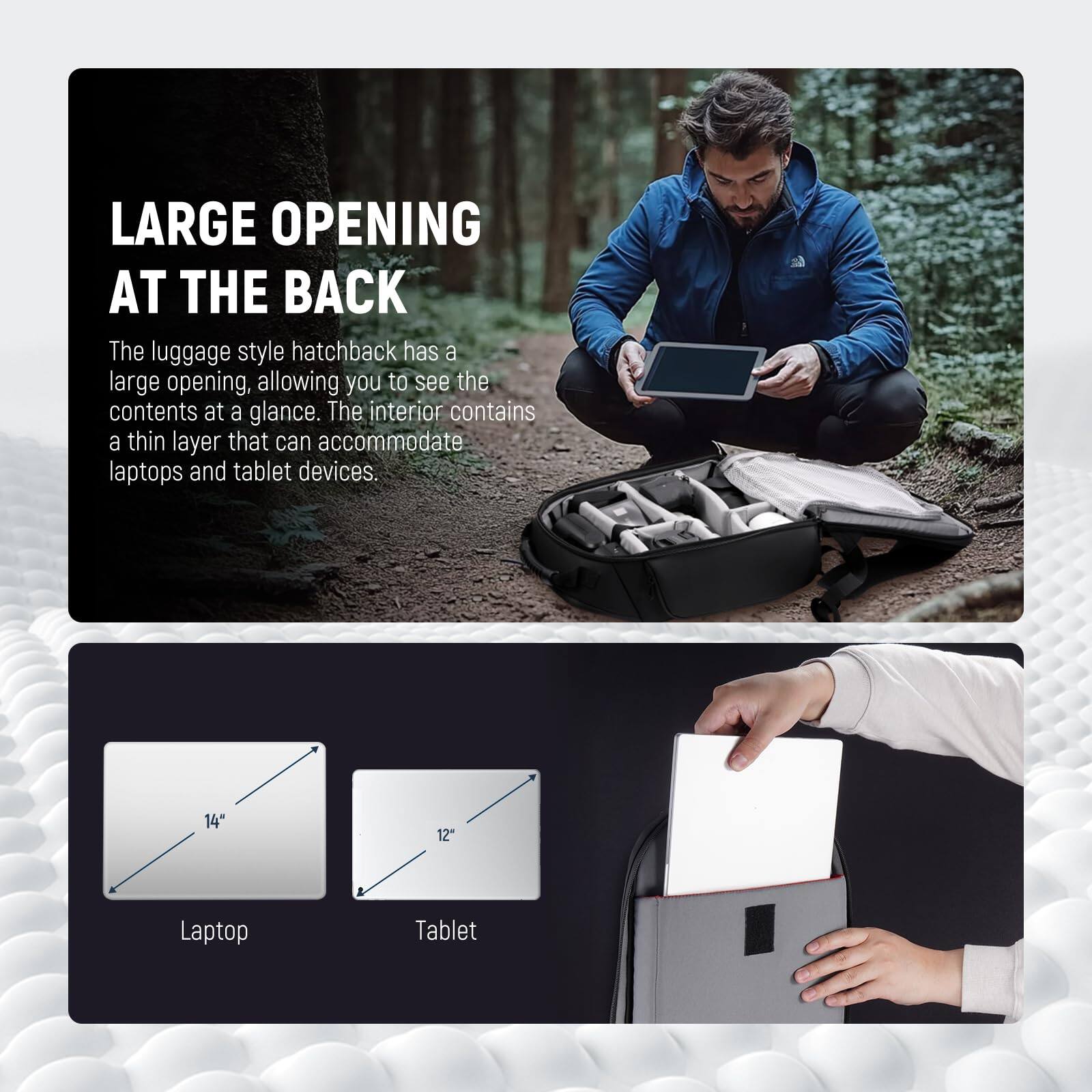 LARGE OPENING AT THE BACK

The luggage style hatchback has a large opening, allowing you to see the contents at a glance. The interior contains a thin layer that can accommodate laptops and tablet devices.

14" Laptop  
12" Tablet