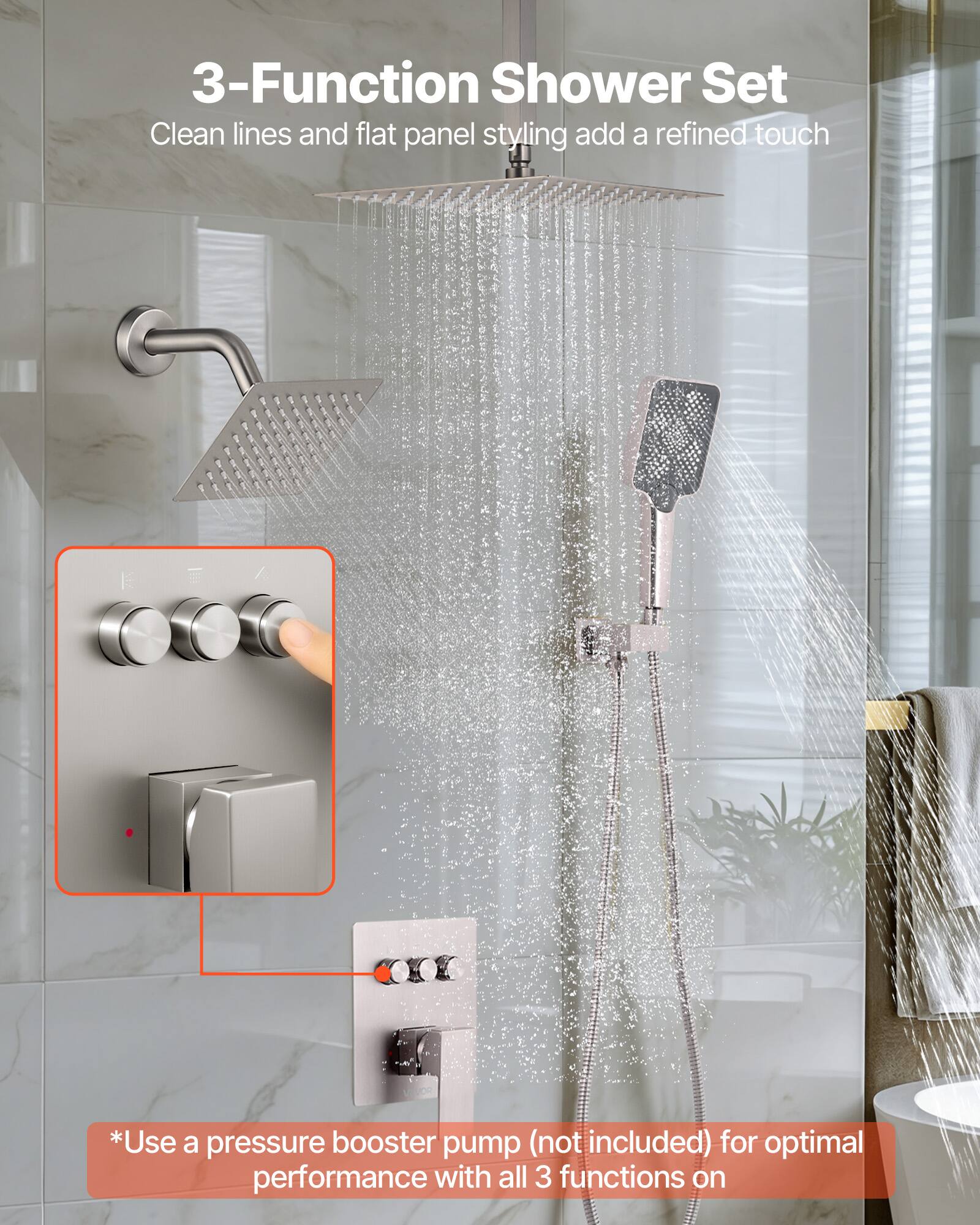 3-Function Shower Set  
Clean lines and flat panel styling add a refined touch  

*Use a pressure booster pump (not included) for optimal performance with all 3 functions on