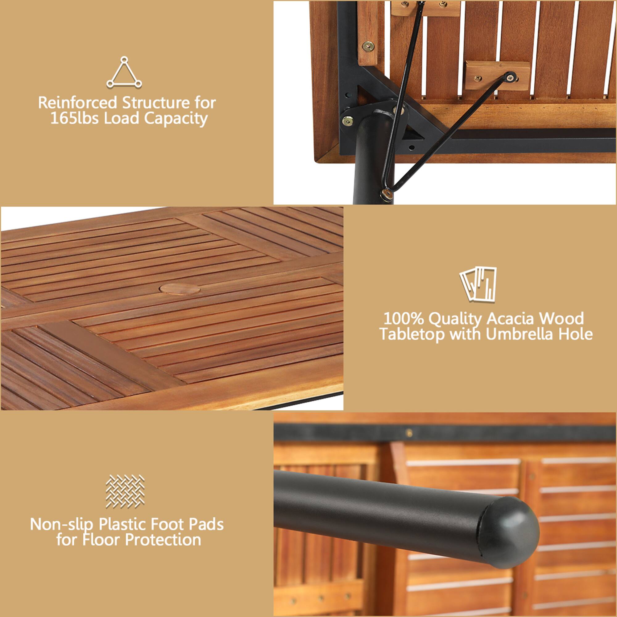 Reinforced Structure for 165lbs Load Capacity, 100% Quality Acacia Wood Tabletop with Umbrella Hole, Non-slip Plastic Foot Pads for Floor Protection