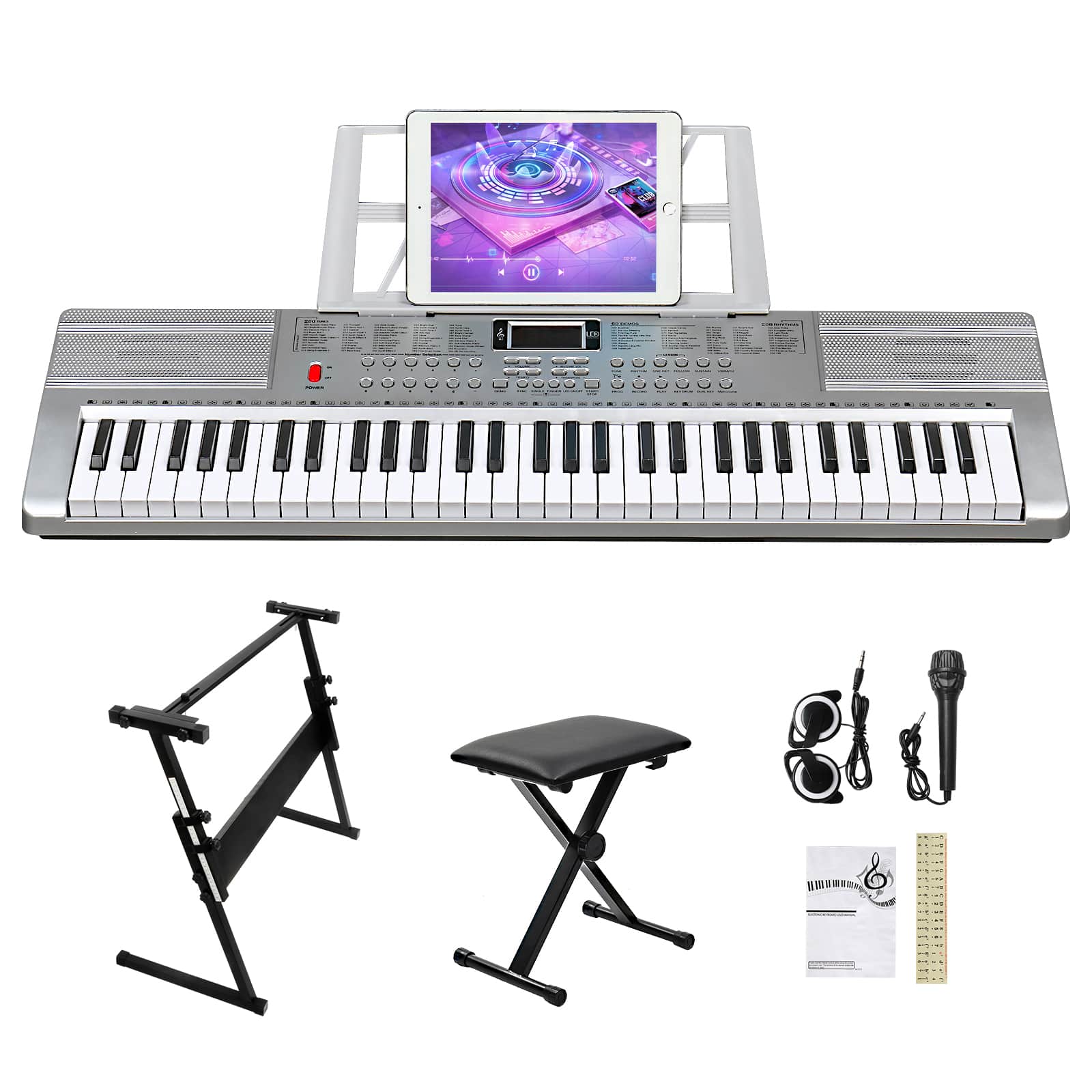 Winado - Portable 61Key Electronic Lighted Keyboard Piano LCD Screen Headphone Microphone