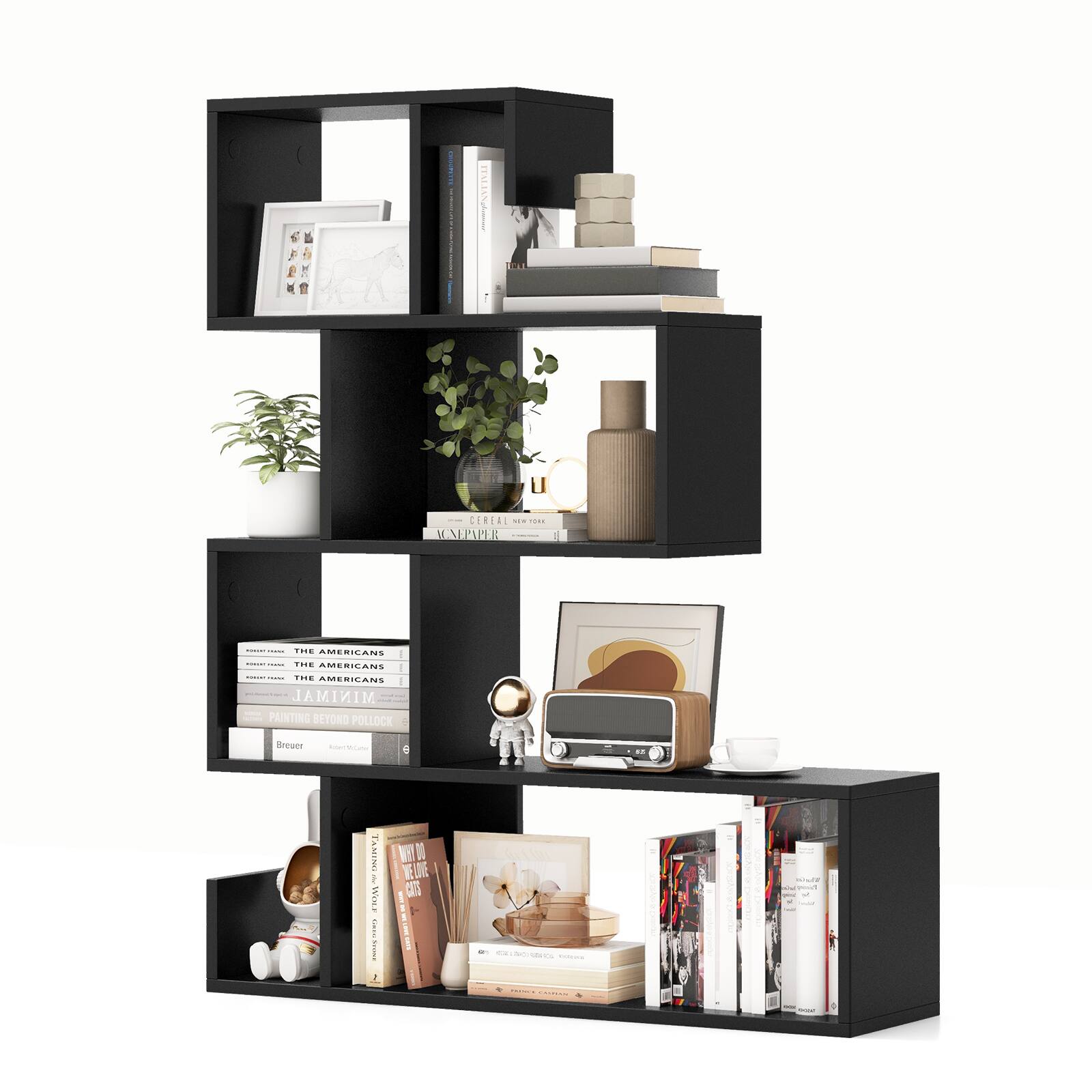 Ecooso - 5-Tier S-Shaped Bookshelf Geometric Z-Shelf Bookcase with Open Cubes - Black