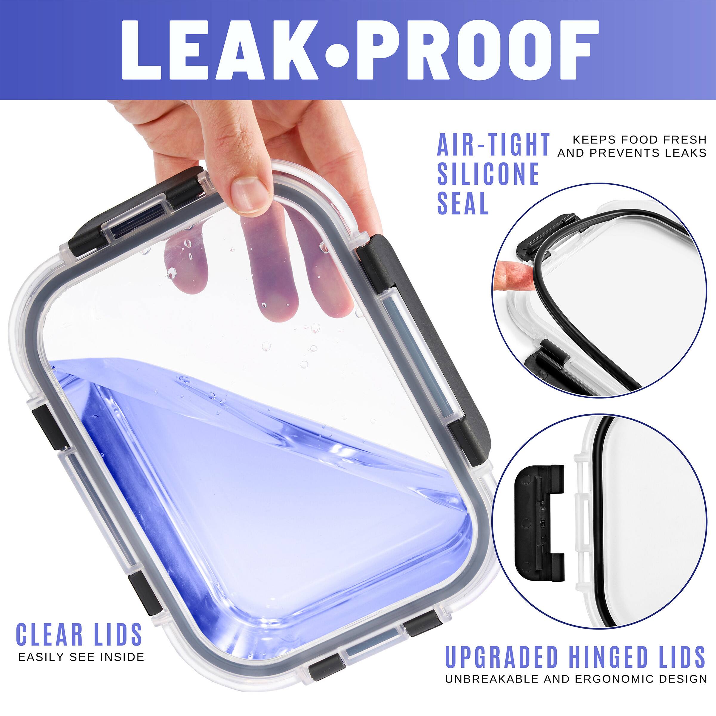 LEAK-PROOF

- AIR-TIGHT SILICONE SEAL
  - KEEPS FOOD FRESH AND PREVENTS LEAKS

- CLEAR LIDS
  - EASILY SEE INSIDE

- UPGRADED HINGED LIDS
  - UNBREAKABLE AND ERGONOMIC DESIGN