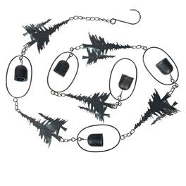 Things2Die4 - 70" Metal Rain Chain - Forest Trees & Zen Bells, Aged Verdigris, 3.25" Diameter - Black