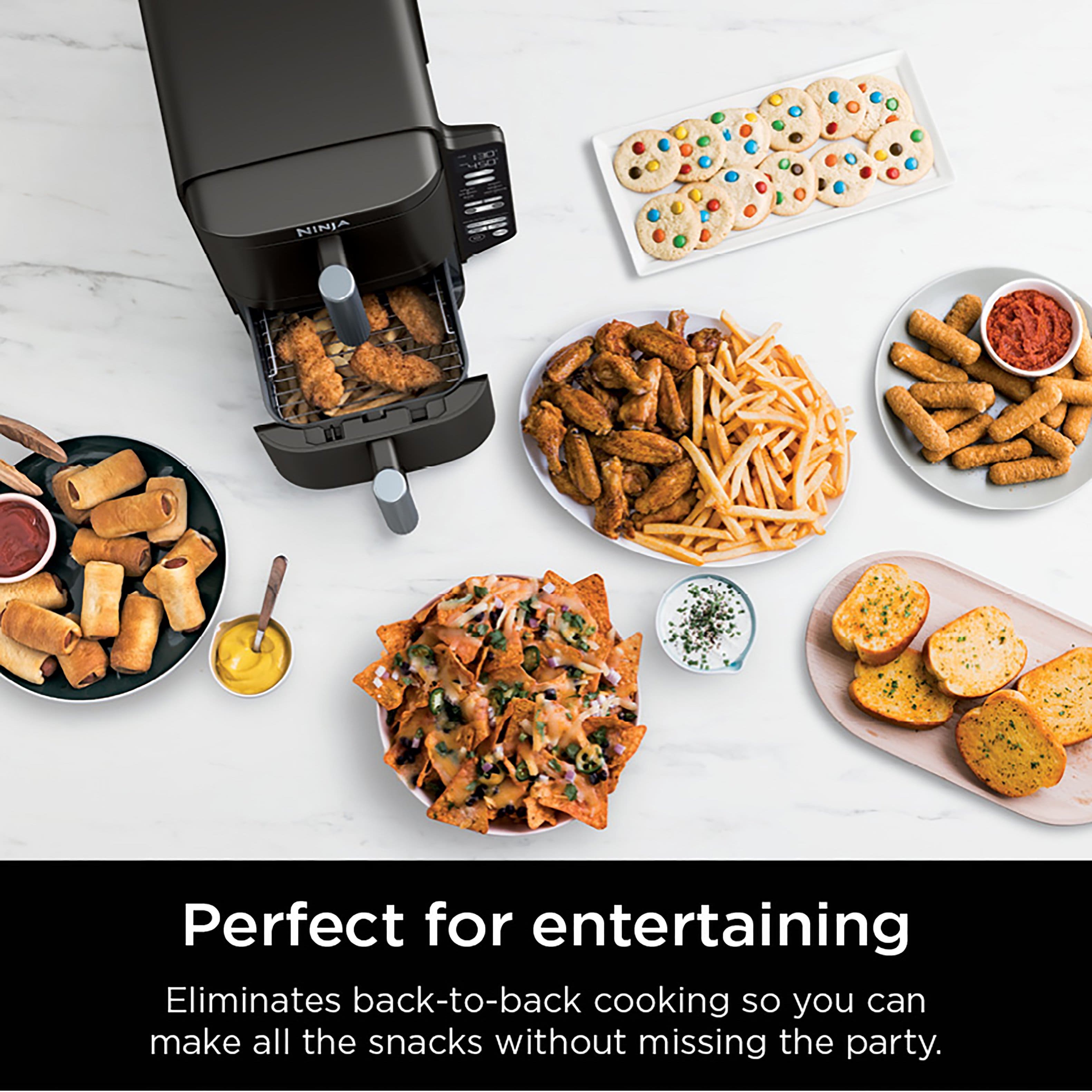 The text on the image is grouped as follows:
"NINJA Perfect for entertaining Eliminates back-to-back cooking so you can make all the snacks without missing the party."