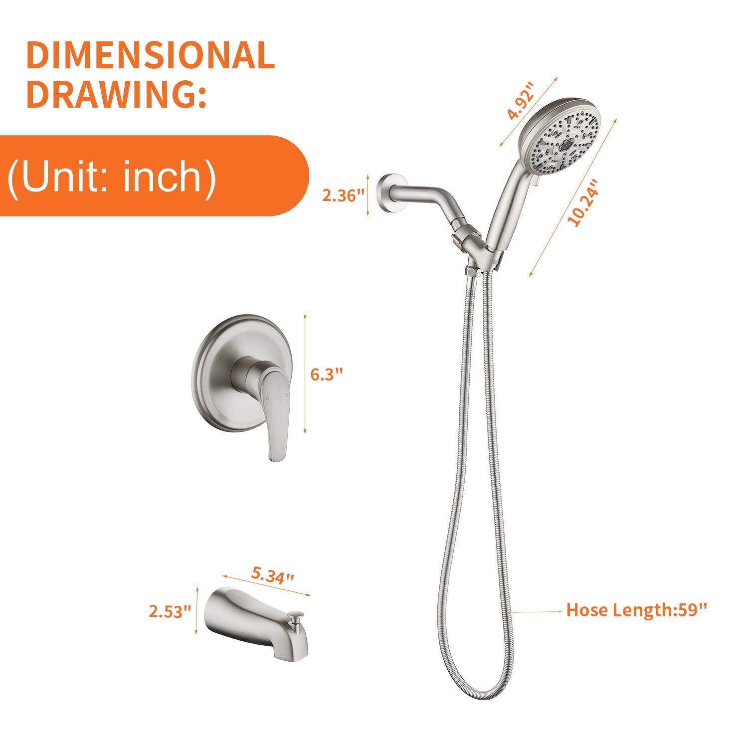 DIMENSIONAL DRAWING:  
(Unit: inch)  
- 2.36"  
- 4.92"  
- 10.24"  
- 6.3"  
- 2.53"  
- 5.34"  
- Hose Length: 59"