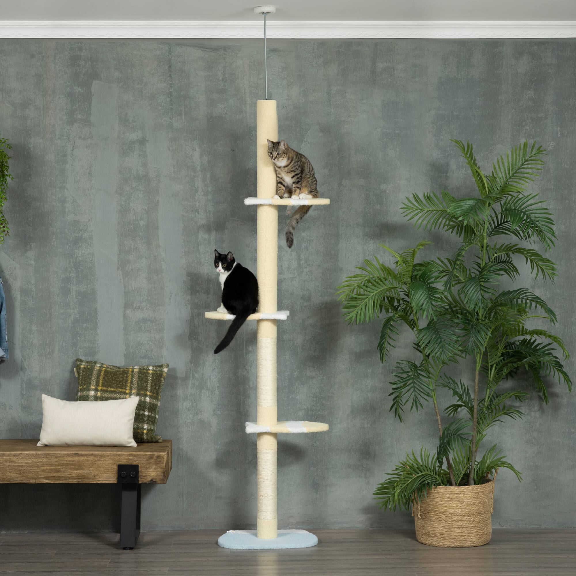 Angle. TinyHomie - 4-Tier Tall Cat Tower Floor to Ceiling Cat Tree Height Adjustable 87-103In with Plush Platforms Sisal Scratching Posts - Yellow.
