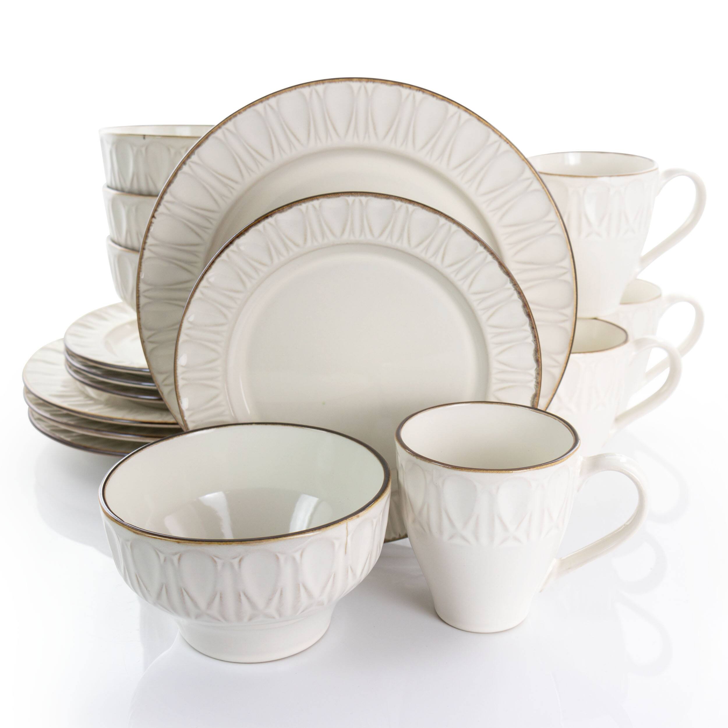 Alt View 9. Gibson - Gibson Elite Golden Halo 16 Piece Stoneware Dinnerware Set - White.