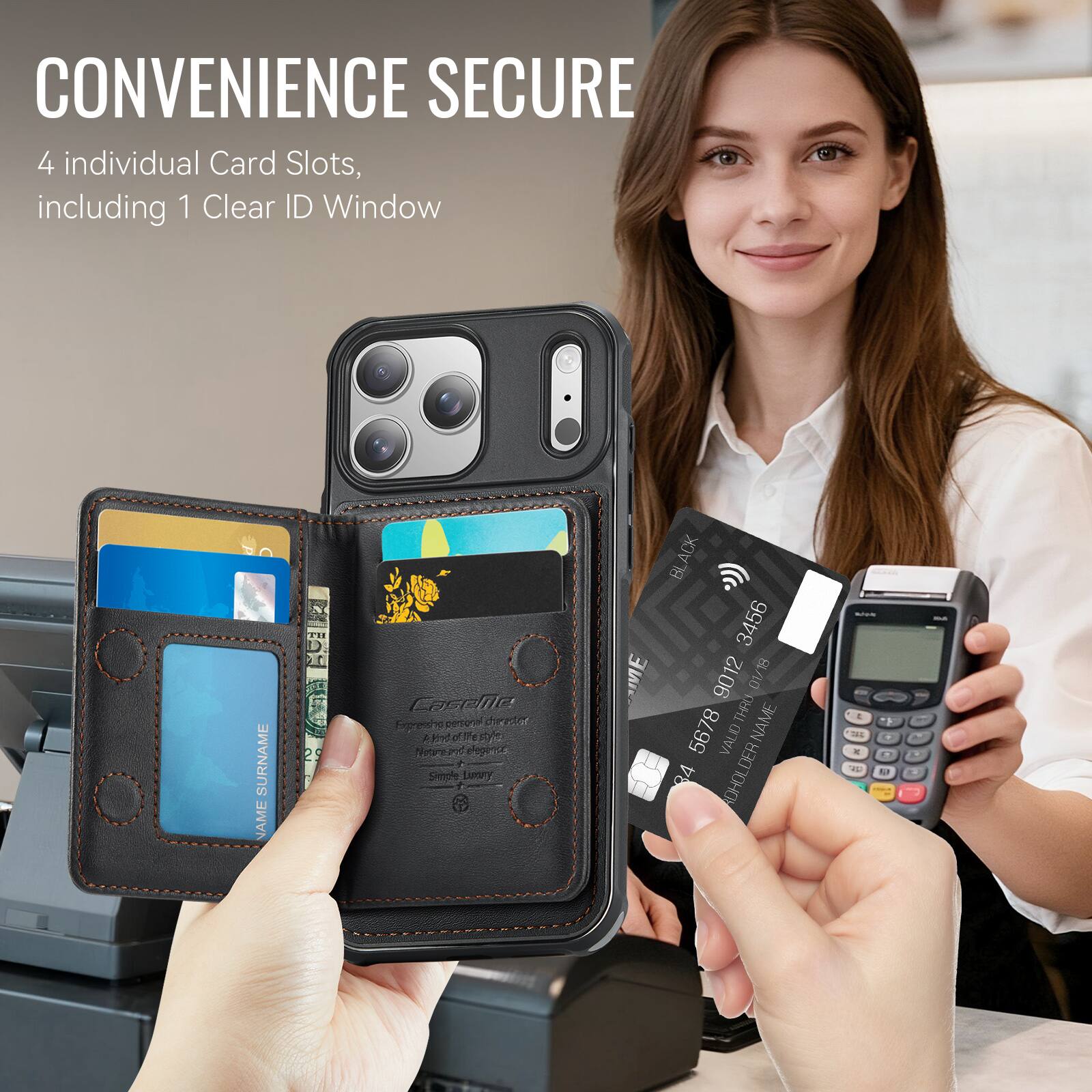 CONVENIENCE SECURE  
4 individual Card Slots, including 1 Clear ID Window  

SURNAME NAME  
P'H 0 2 Cosellle Eigrense perona diertor ed noerts nothingotancribe nhing_to_ce + Smple Lmy ME  
ACK BL 3456 9012 8/10 UV THRO  
NAME 5678 D VAUID 84 ADHOLDER