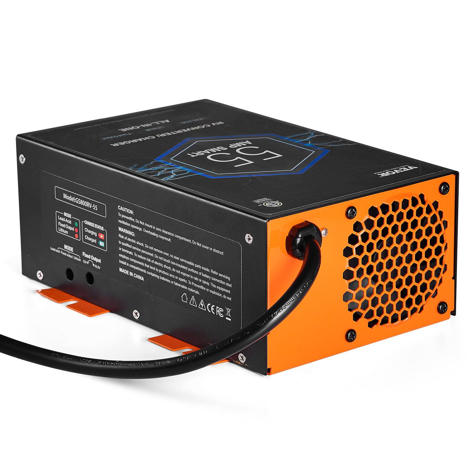 ALL-IN-ONE AB CHARGER CONVERTER/ AMP SMART 55  
Model: G5800RV-55  

CAUTION: To prevent Lead-Acid battery overcharging, Do Not Fined Out -CHARGESTATUS- .  
mount CORTA Lihium Charging  

WARNING: Overheating AMPANA Charged Rink dectic mayesalt compatment, goilied sheck, Do Not MODE service Do the cover % Lead-add alanimal personnel remple ORL obstruct Fired Output employs To reduce folk d Do not Source 1900 no VOLOV install components that dection non-embated sankceste compartments kind shock, W parts inside.  

MADE IN CHINA 2018  

VEVOR