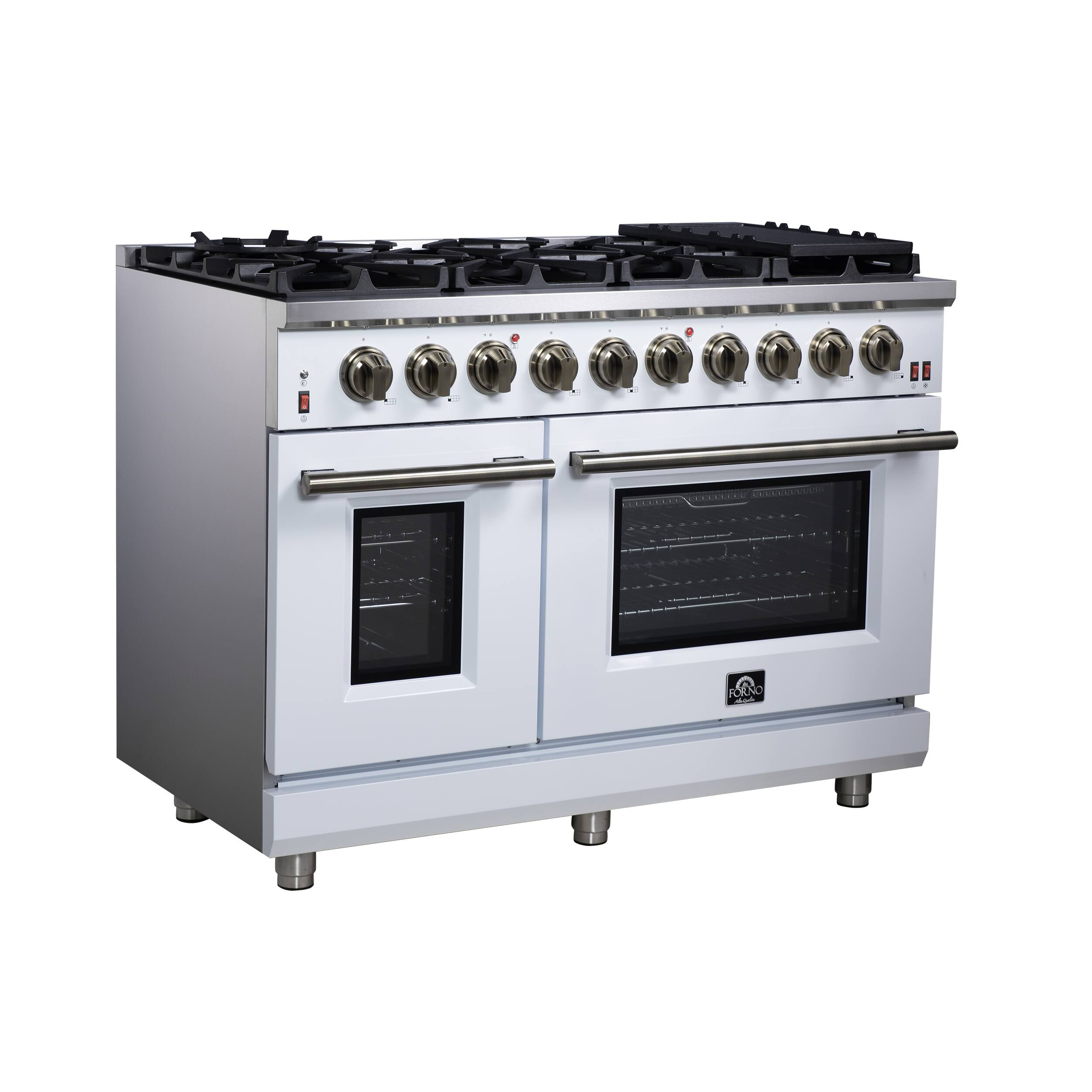 Left. Forno Appliances - Massimo 6.58 Cu. Ft. Freestanding True Convection Gas Range with Air Fryer Kit, Wok Support & Two Griddles - White.