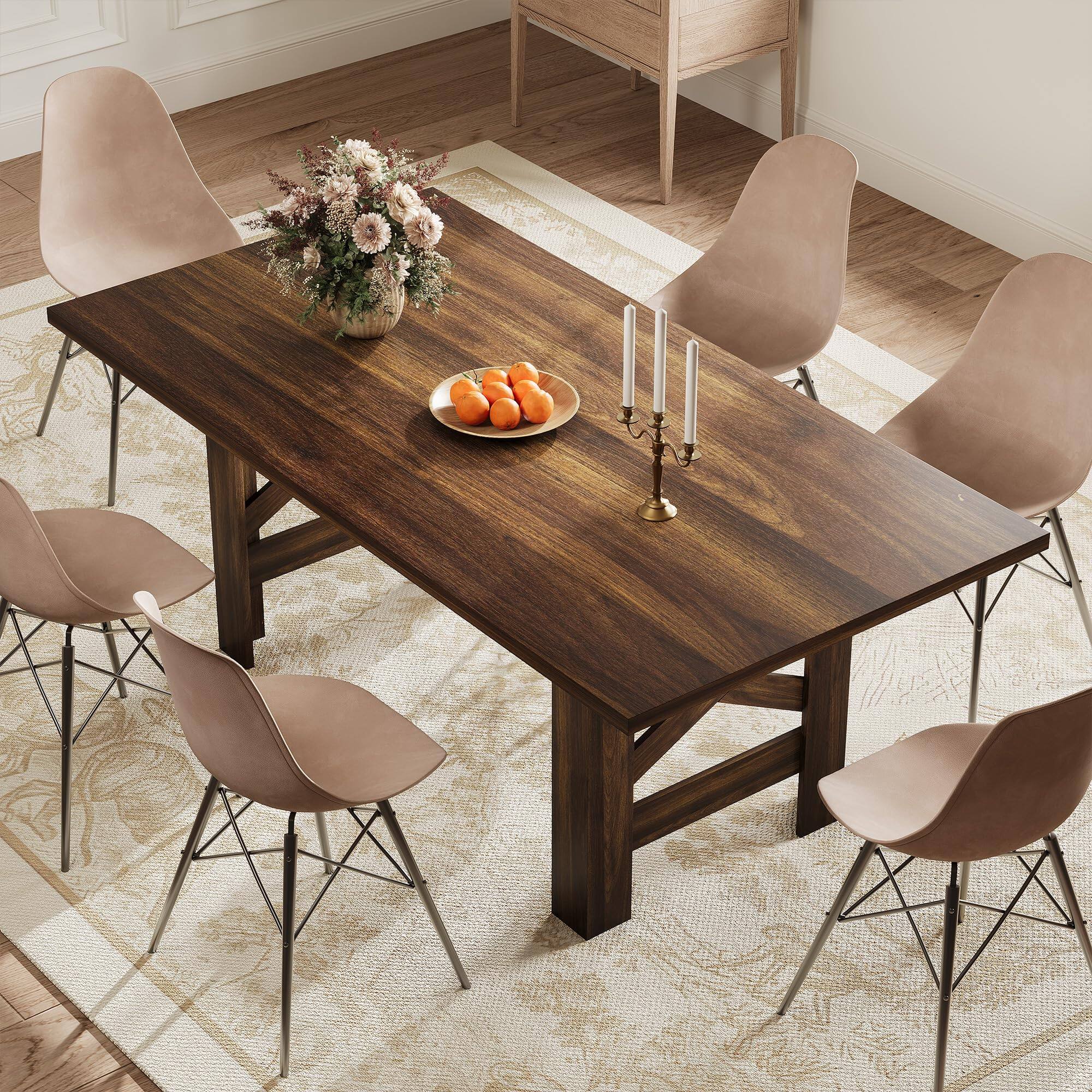 Front. Acekool - Dining Table for 6-8, Long Wooden Kitchen Table with Sturdy Triangular Legs, Farmhouse Large Dining Room Dinner Table - Brown.