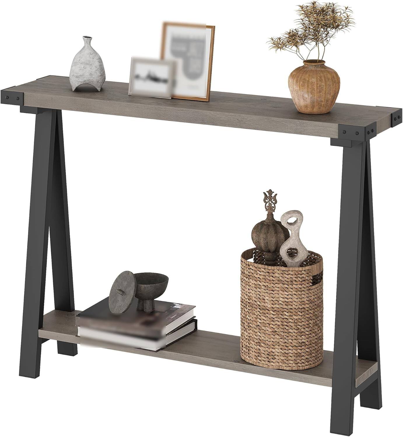 Alt View 1. Electrodes Masters - 2-Tier Sofa Table with Storage Shelf - V-Leg Design, Metal Frame for Living Room or Bedroom, Grey - Grey.