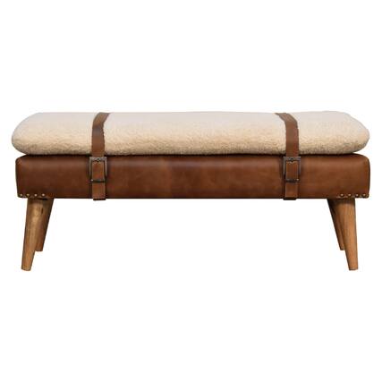 Front. Artisan Furniture - Artisan Furniture Solid Wood Boucle Buffalo Hide Leather Bench, Upholstered, Brown & Cream - Brown & Cream.