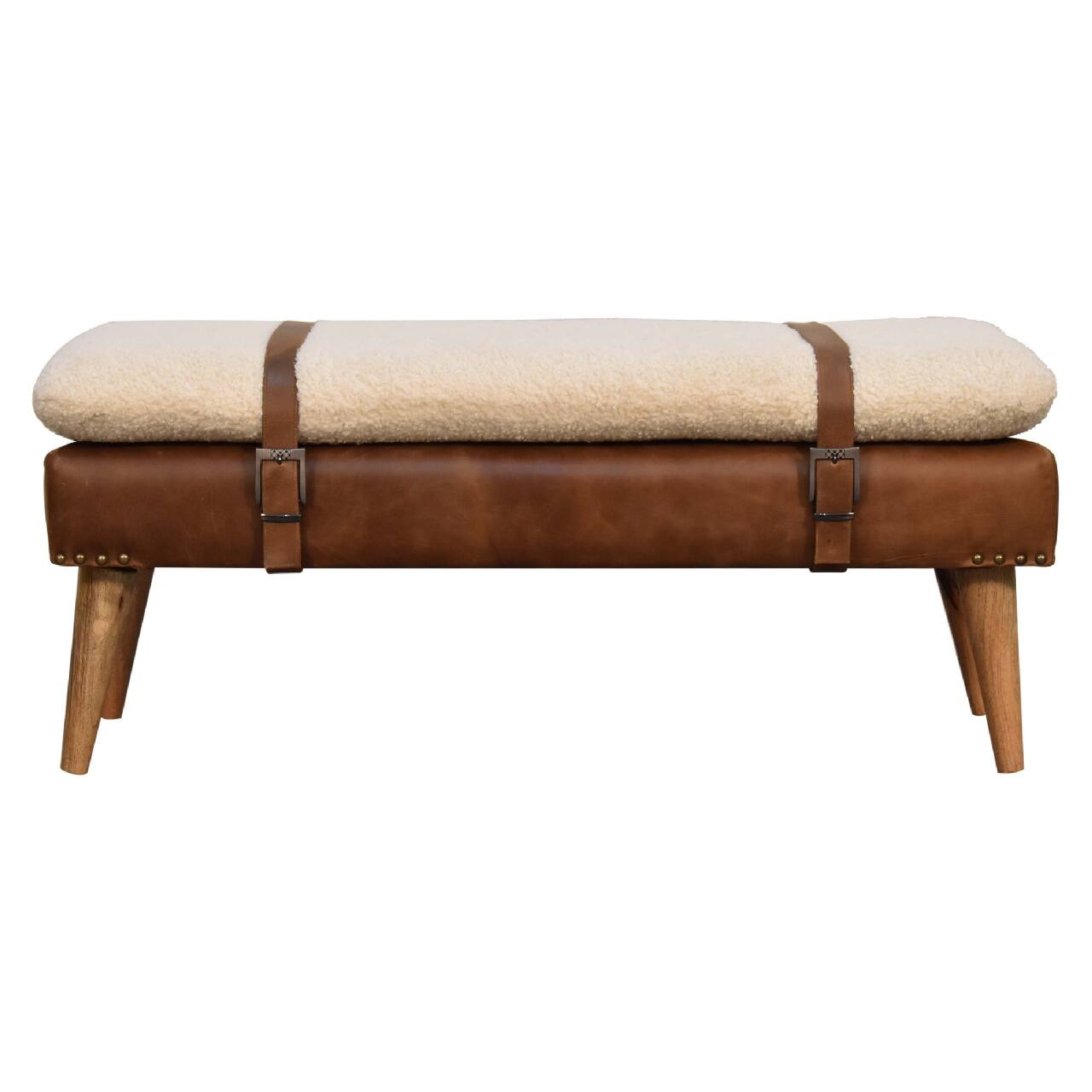 Front. Artisan Furniture - Artisan Furniture Solid Wood Boucle Buffalo Hide Leather Bench, Upholstered, Brown & Cream - Brown & Cream.