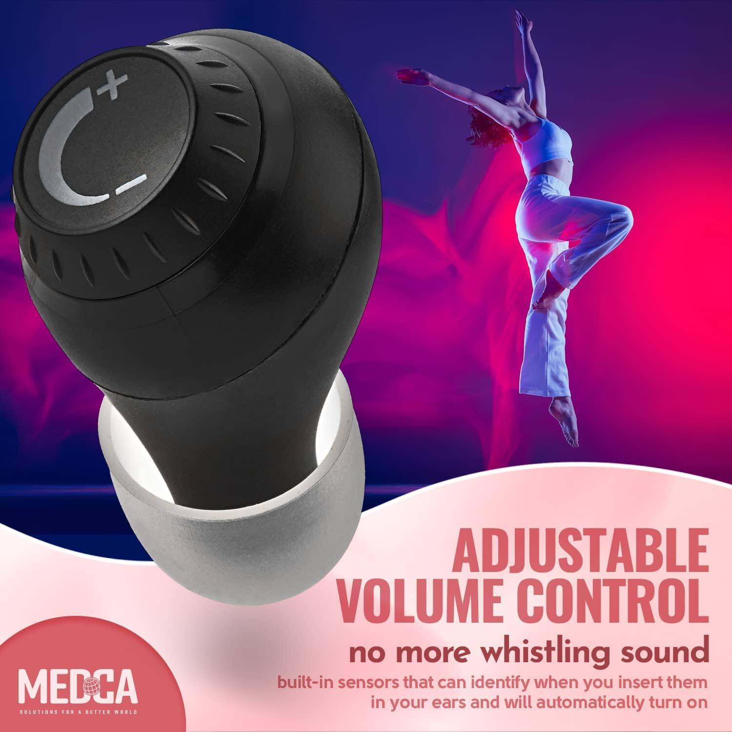MEDCA  
SOLUTIONS FOR A BETTER WORLD

ADJUSTABLE VOLUME CONTROL  
no more whistling sound  
built-in sensors that can identify when you insert them in your ears and will automatically turn on