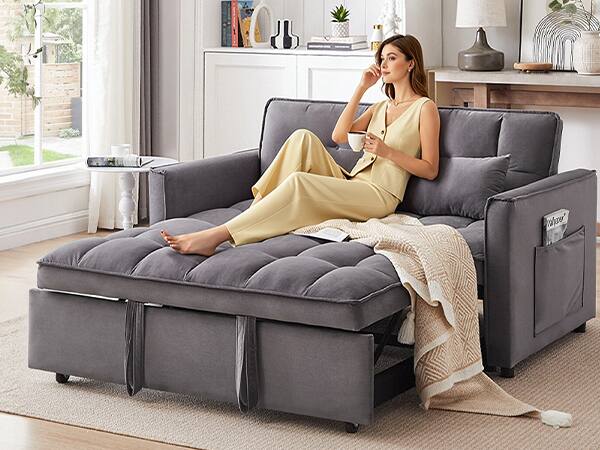 Back. Anysun - 55" 3-in-1 Velvet Convertible Sofa Bed - Adjustable Back, Storage Bag & Pillow for Living Room & Bedroom - Light Gray.