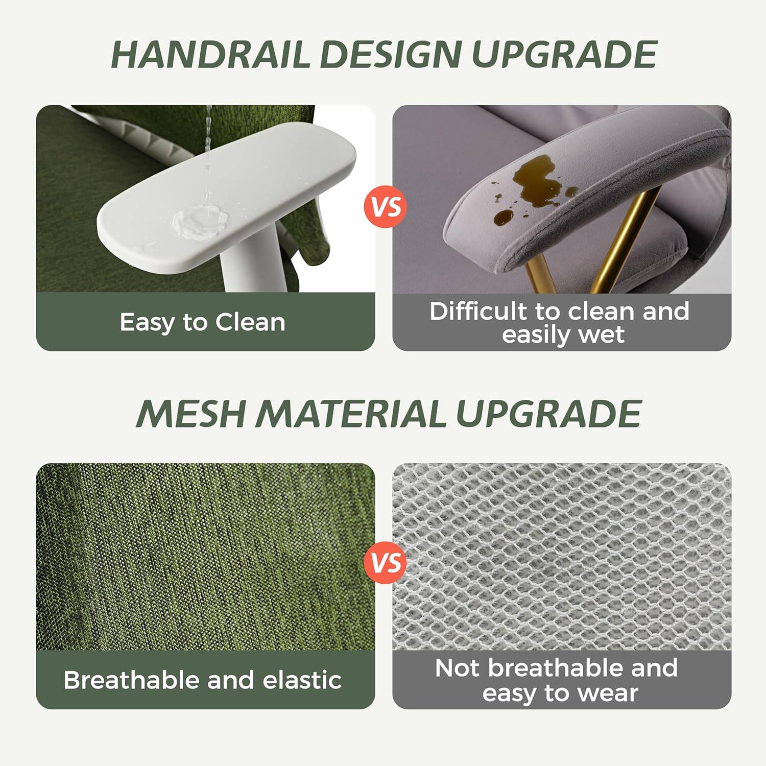 HANDRAIL DESIGN UPGRADE  
Easy to Clean  
VS  
Difficult to clean and easily wet  

MESH MATERIAL UPGRADE  
Breathable and elastic  
VS  
Not breathable and easy to wear