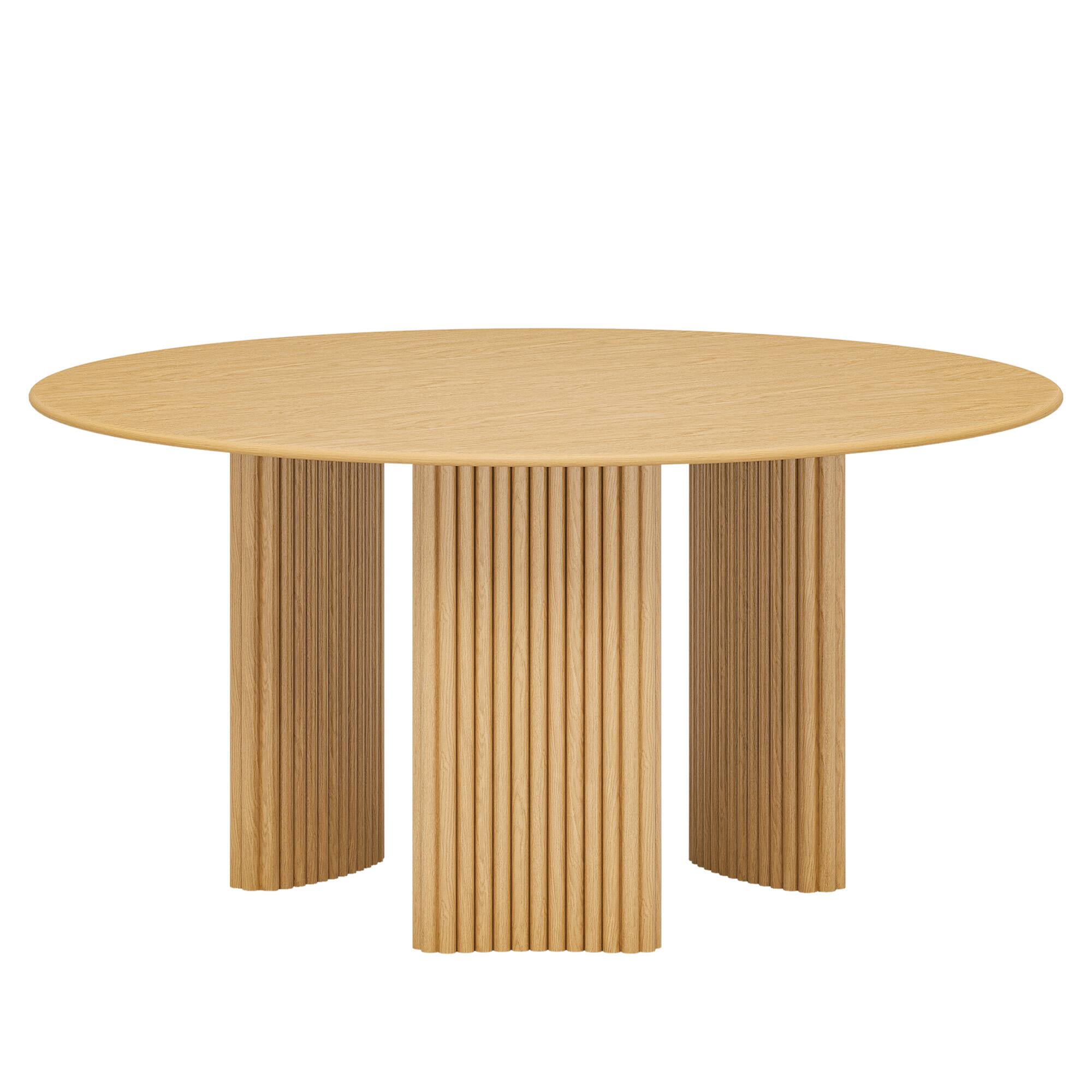 Angle. PexFix - Solid Oak Farmhouse Dining Table for 8, 60" Minimalist Round Kitchen Table with 3-Leg Base - Natural.