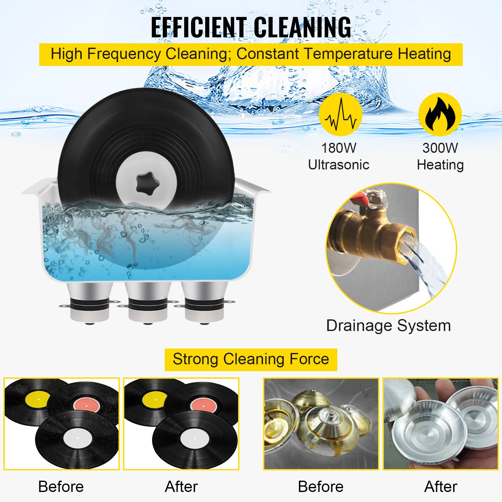 EFFICIENT CLEANING
High Frequency Cleaning; Constant Temperature Heating
180W Ultrasonic
300W Heating
Drainage System
Strong Cleaning Force
Before
After
Before
After