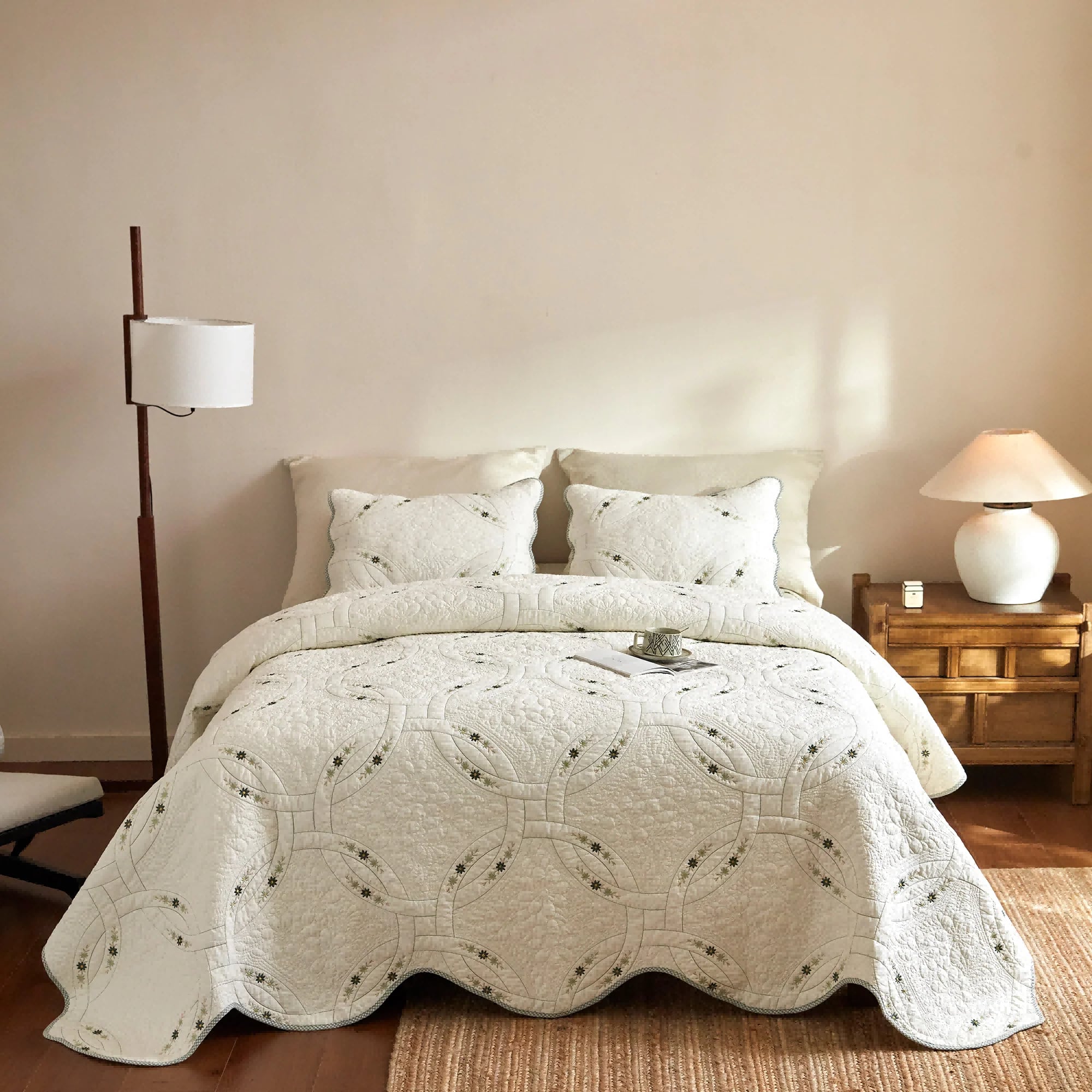 MarCielo - 3 Pieces Lightweight Cotton Quilt Bedspread Set – European Cottage Floral - White