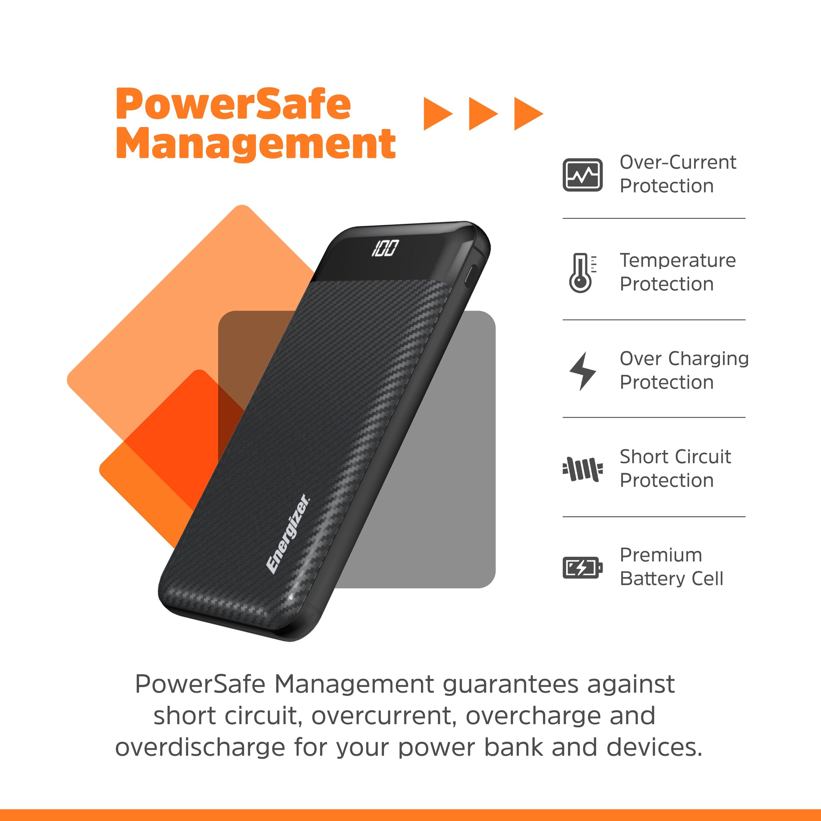 PowerSafe Management Over-Current Protection 100 Temperature Protection Over Charging Protection Energizer. Short Circuit Protection Premium E Battery Cell PowerSafe Management guarantees against short circuit, overcurrent, overcharge, and overdischarge for your power bank and devices.