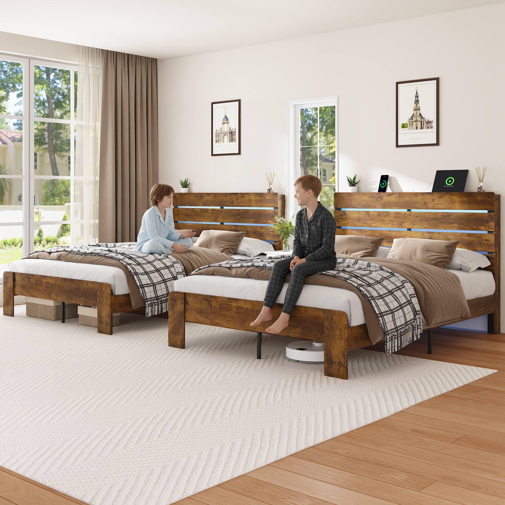 Left. LUCKY ONE - Full Bed Frame with Under Bed Storage, LED Lights, Charging Station - Antique Natural.