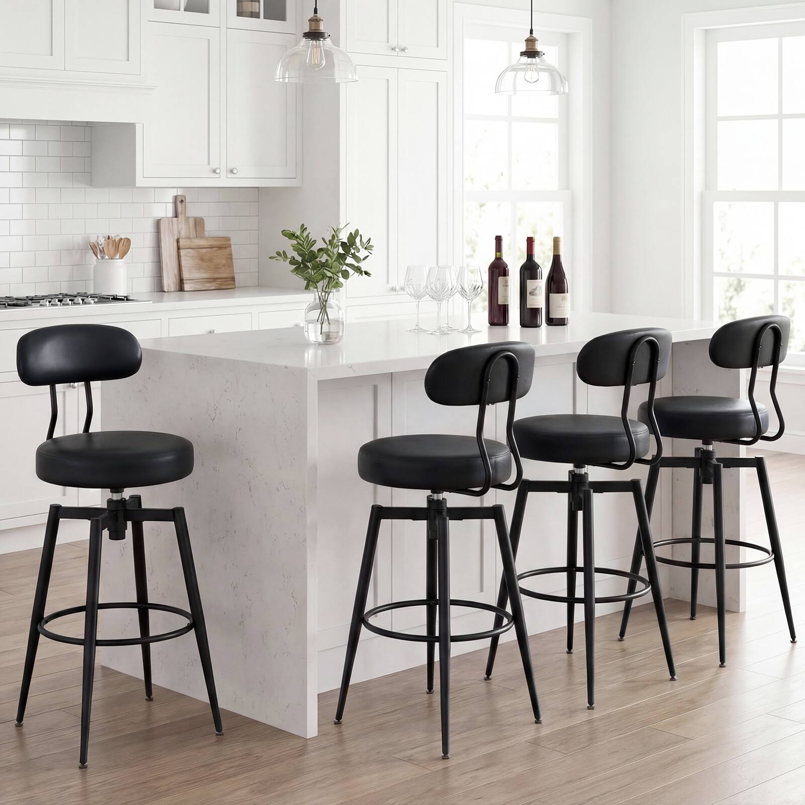 Alt View 4. Costway - Costway Swivel Barstools Set of 2 Faux Leather Bar Height Chairs with Upholstered Seat - Black.