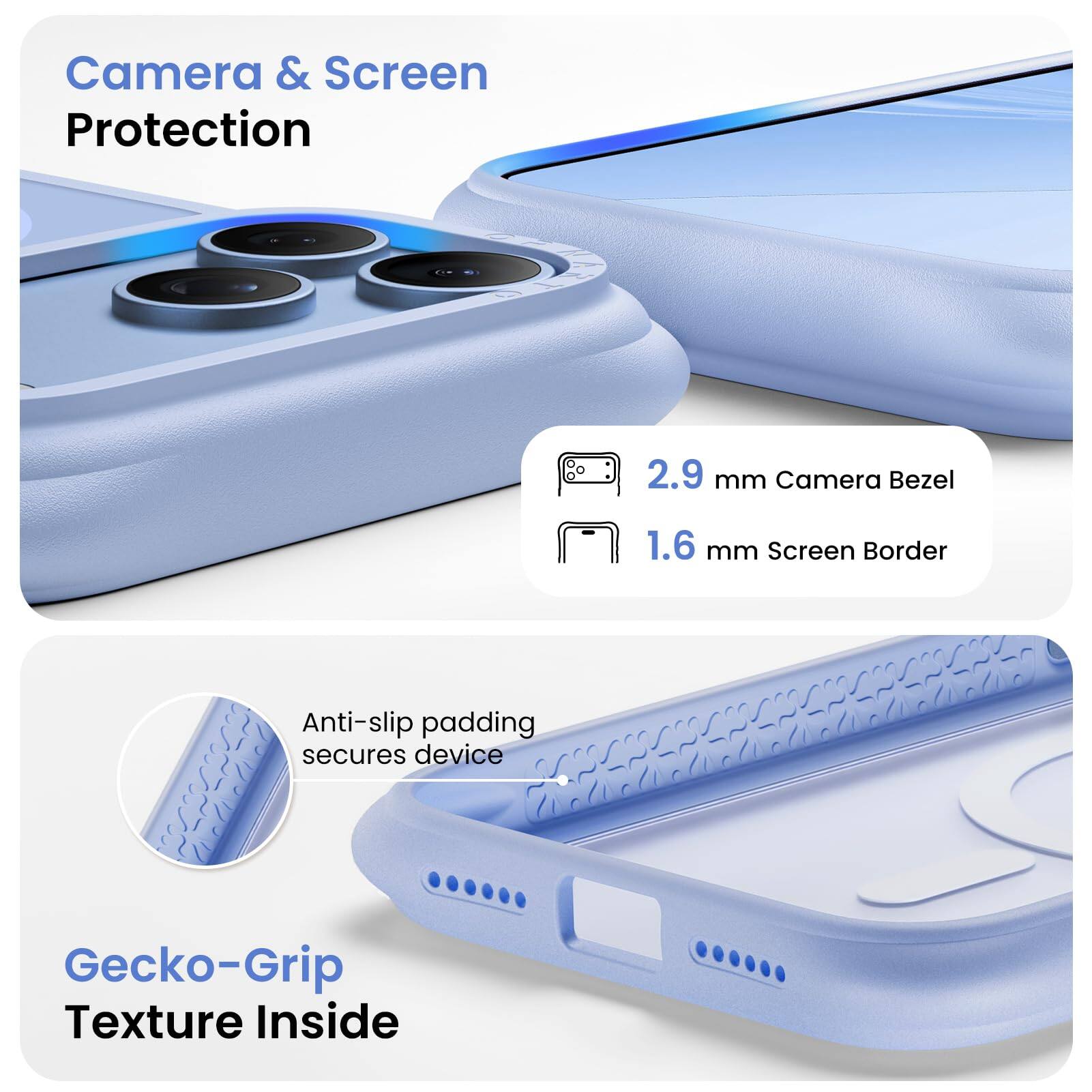 Camera & Screen Protection

2.9 mm Camera Bezel

1.6 mm Screen Border

Anti-slip padding secures device

Gecko-Grip Texture Inside
