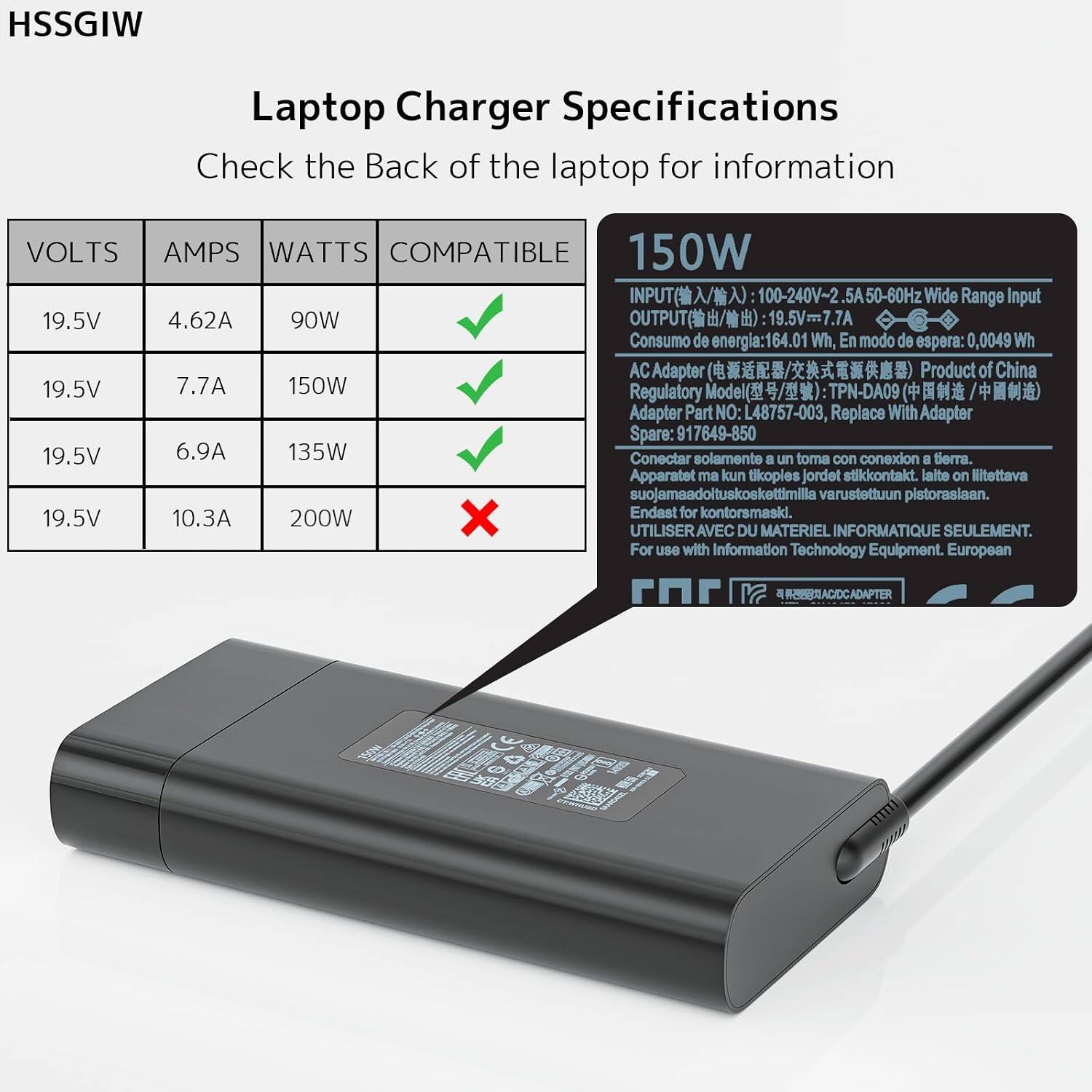 HSSGIW Laptop Charger Specifications

Check the Back of the laptop for information

VOLTS | AMPS | WATTS | COMPATIBLE
19.5V | 4.62A | 90W | ✓
19.5V | 7.7A | 150W | ✓
19.5V | 6.9A | 135W | ✓
19.5V | 10.3A | 200W | ✗

150W
INPUT (输入/Entrada): 100-240V~2.5A 50-60Hz Wide Range Input
OUTPUT (输出/Salida): 19.5V~7.7A
Consumo de energía: 164.01 Wh, En modo de espera: 0.0049 Wh
AC Adapter (电源适配器/变换器) Product of China
Regulatory Model (型号/型號): TPN-DA09 (中国制造 / 中国製造)
Adapter Part NO: L48757-003, Replace With Adapter Spare: