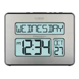 La Crosse Technology - Backlight Atomic Full Calendar Digital Clock with Extra Large Digits, Silver - Silver/Black