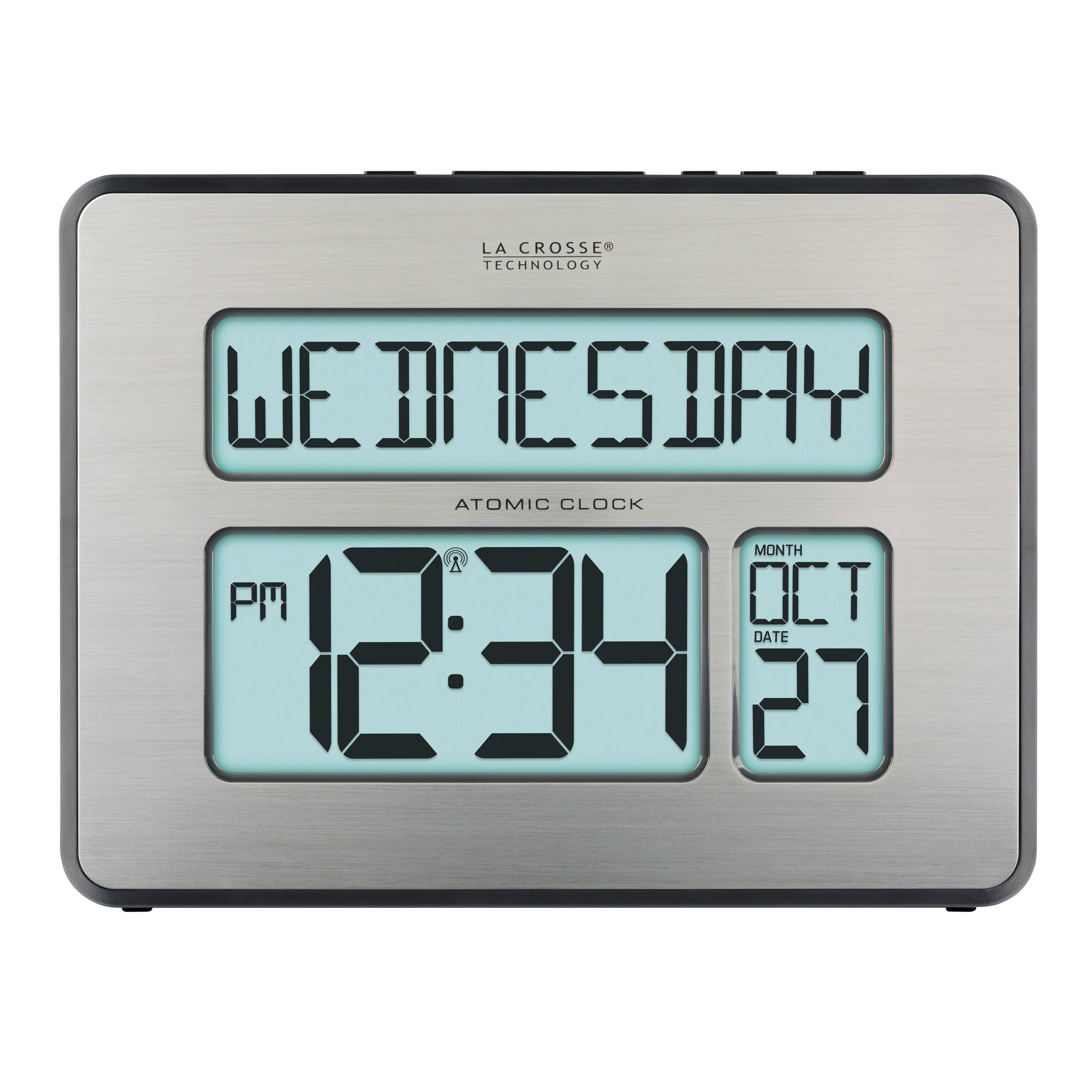 La Crosse Technology - Backlight Atomic Full Calendar Digital Clock with Extra Large Digits, Silver - Silver/Black