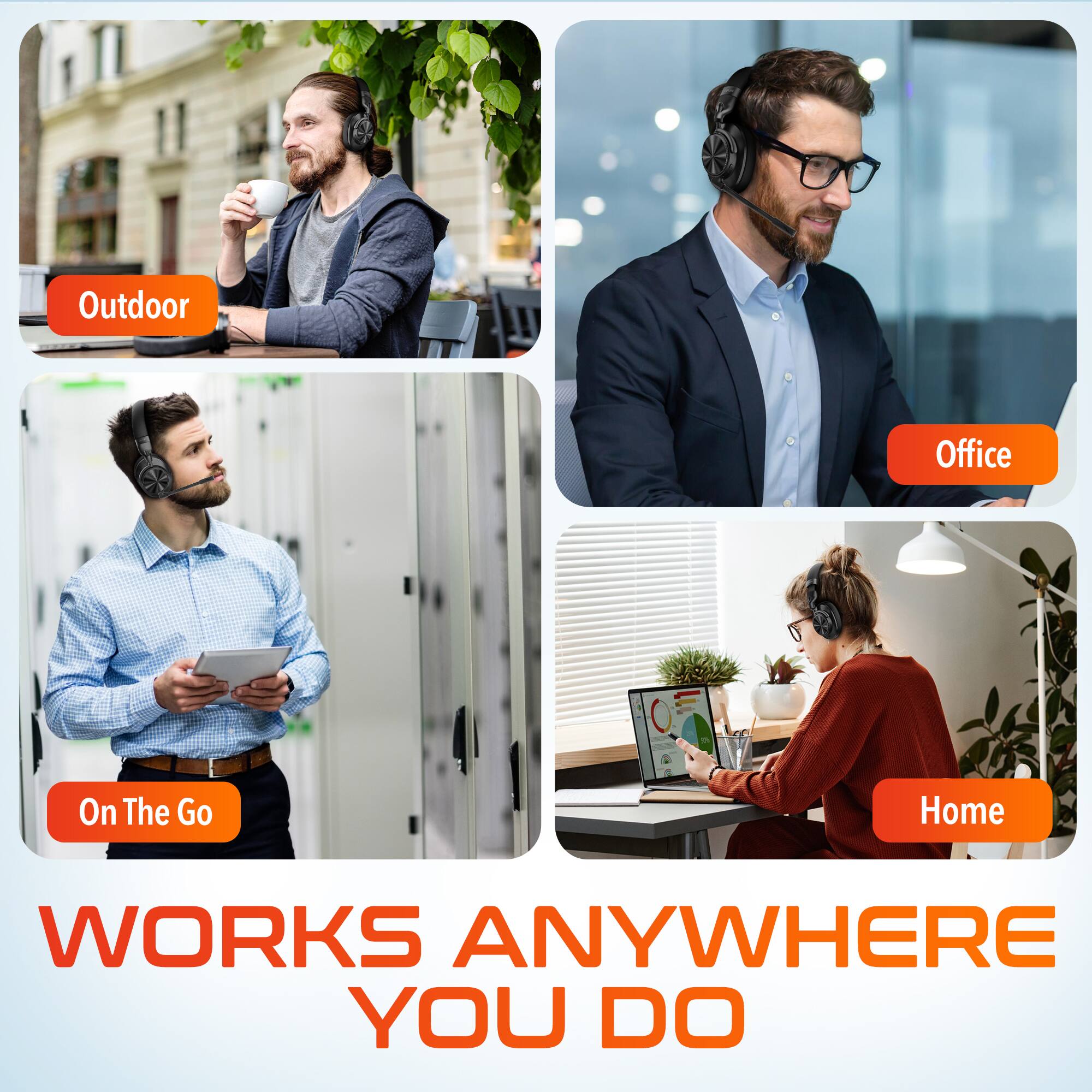 Outdoor, Office, On The Go, Home, WORKS ANYWHERE YOU DO