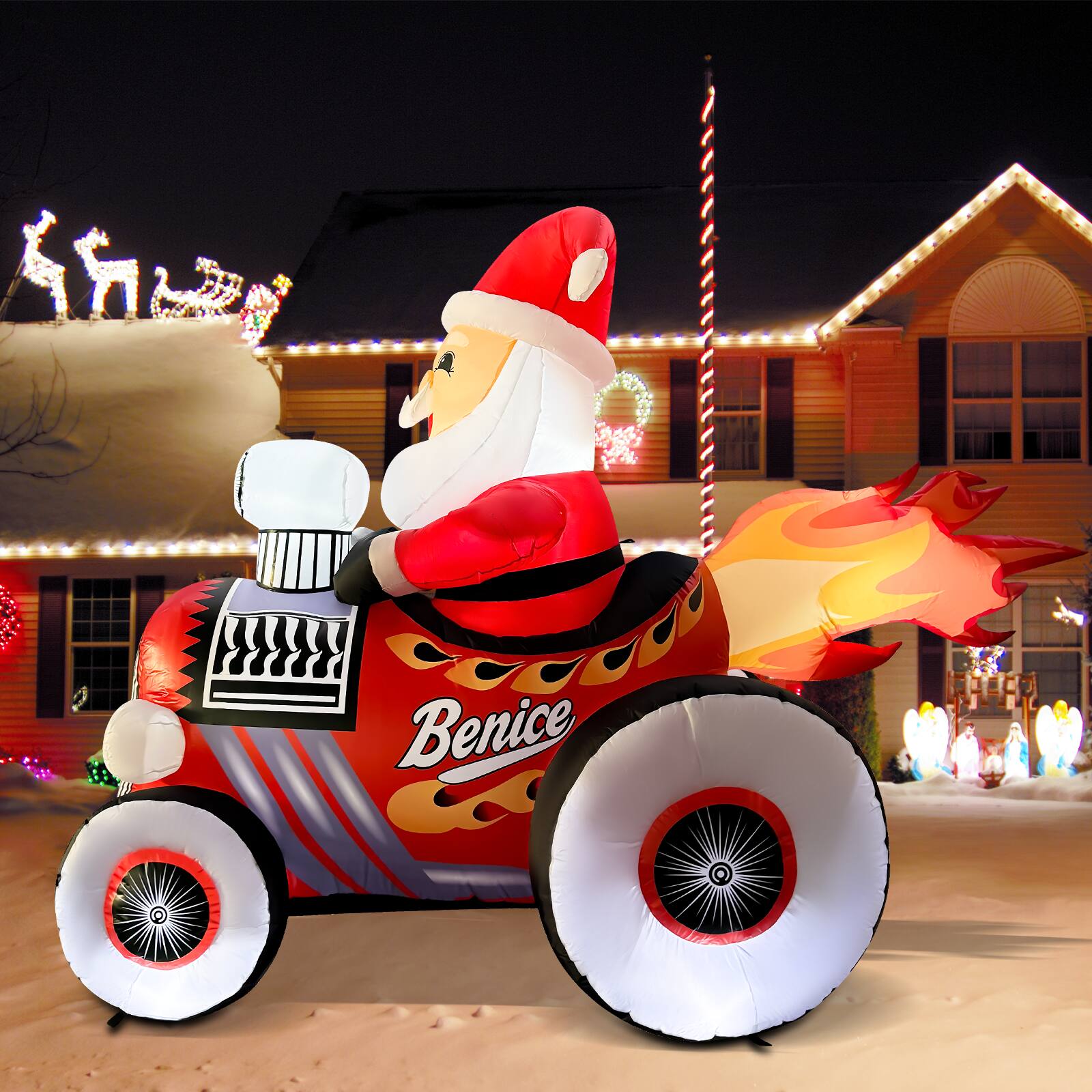 Back. GOOSH Inflatables - GOOSH 8FT Santa in Hot Rod Inflatable with LED Lights for Outdoor Christmas Yard Décor - Red.