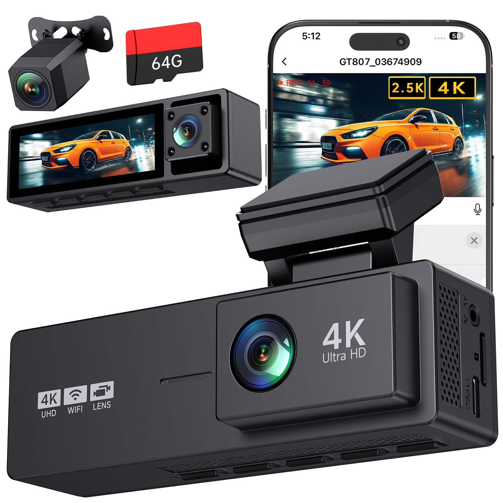 E-YEEGER - 4K+2.5K+1080P 3 Channel Dash Cam Front, Rear, Inside, 64GB SD, 3.2" Screen, Wi-Fi App, 4 IR Night Vision, G-Sensor Lock - Black